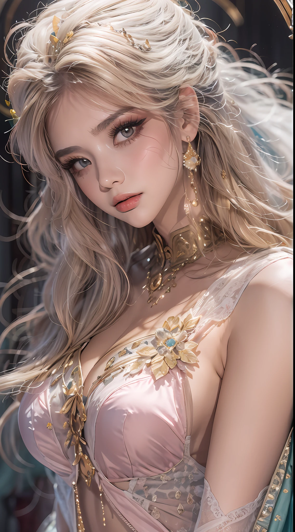 RAW photo, tmasterpiece,best photos, high resolution, Best quality, best photos, 8K quality, 8K Ultra,closeup cleavage,upperbody closeup,very high res, 4K quality, Bokeh, 1 20-year-old girl, 1 Goddess Athena, Purple-pink silk dress, The beautiful goddess Athena has a flawless face, Sexy thin yellow dressing gown, The saint's dressing gown,There is a lot of evocative black lace detail feeling, The legend of the Holy Goddess, The idol of the virgin, Elegance shines with the style of a beautiful saint, Dark and mysterious version, The crown of the Holy Queen, Zhu lips, thin and beautiful lips, don't smile, Shut up again, characters created by karol bak and pino daeni, intricately details, Detailed background, Extremely detailed, Light magic, (A pure face without blemishes: 1.9), Rounded breasts, Phoenix brooch, long whitr hair,Flat bangs, (Hair comes in 7 colors,Like a rainbow: 1.9), beautiful face in detail and well-proportioned eyes, (transparent yellow eyes: 1.8), (Big round eyes and very nice and detailed makeup: 1.8), meticulous makeup, Mysterious makeup, Bracelet, bangs and dyed light blonde, The upper part of the body , (The upper body of the saint : 1.8), drooping arms, realistic and vivid image, (The stars that make up the sky: 1.7), (The sky of heaven and the door of imaginary time and space: 1.8) , Fictional art,Virgin icon in background, Single female saint portrait, Most realistic color scheme, best photo color, Hair decoration, necklace, jewelry, Beautiful face, The upper part of the body, Tyndall effect, Realphotos, Border light, two tone light, (Pink refers to fair skin: 1.4), (High skin detail: 1.1),Digital SLR , Soft light, High quality, Amount of light, Frankness, Photo ,Smooth and sharp, Sexy goddess, Sexy goddess, (background space: 1 ,8), (milky ways: 1.7 ) ), aurora, Lightning, (Aurorabackground: 1.8), The most beautiful eyes, Draw the perfect eye, Beautiful saints and flowers