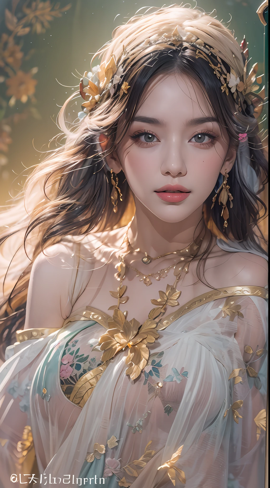 RAW photo, tmasterpiece,best photos, high resolution, Best quality, best photos, 8K quality, 8K Ultra,closeup cleavage,upperbody closeup,very high res, 4K quality, Bokeh, 1 20-year-old girl, 1 Goddess Athena, Purple-pink silk dress, The beautiful goddess Athena has a flawless face, Sexy thin yellow dressing gown, The saint's dressing gown,There is a lot of evocative black lace detail feeling, The legend of the Holy Goddess, The idol of the virgin, Elegance shines with the style of a beautiful saint, Dark and mysterious version, The crown of the Holy Queen, Zhu lips, thin and beautiful lips, don't smile, Shut up again, characters created by karol bak and pino daeni, intricately details, Detailed background, Extremely detailed, Light magic, (A pure face without blemishes: 1.9), Rounded breasts, Phoenix brooch, long whitr hair,Flat bangs, (Hair comes in 7 colors,Like a rainbow: 1.9), beautiful face in detail and well-proportioned eyes, (transparent yellow eyes: 1.8), (Big round eyes and very nice and detailed makeup: 1.8), meticulous makeup, Mysterious makeup, Bracelet, bangs and dyed light blonde, The upper part of the body , (The upper body of the saint : 1.8), drooping arms, realistic and vivid image, (The stars that make up the sky: 1.7), (The sky of heaven and the door of imaginary time and space: 1.8) , Fictional art,Virgin icon in background, Single female saint portrait, Most realistic color scheme, best photo color, Hair decoration, necklace, jewelry, Beautiful face, The upper part of the body, Tyndall effect, Realphotos, Border light, two tone light, (Pink refers to fair skin: 1.4), (High skin detail: 1.1),Digital SLR , Soft light, High quality, Amount of light, Frankness, Photo ,Smooth and sharp, Sexy goddess, Sexy goddess, (background space: 1 ,8), (milky ways: 1.7 ) ), aurora, Lightning, (Aurorabackground: 1.8), The most beautiful eyes, Draw the perfect eye, Beautiful saints and flowers