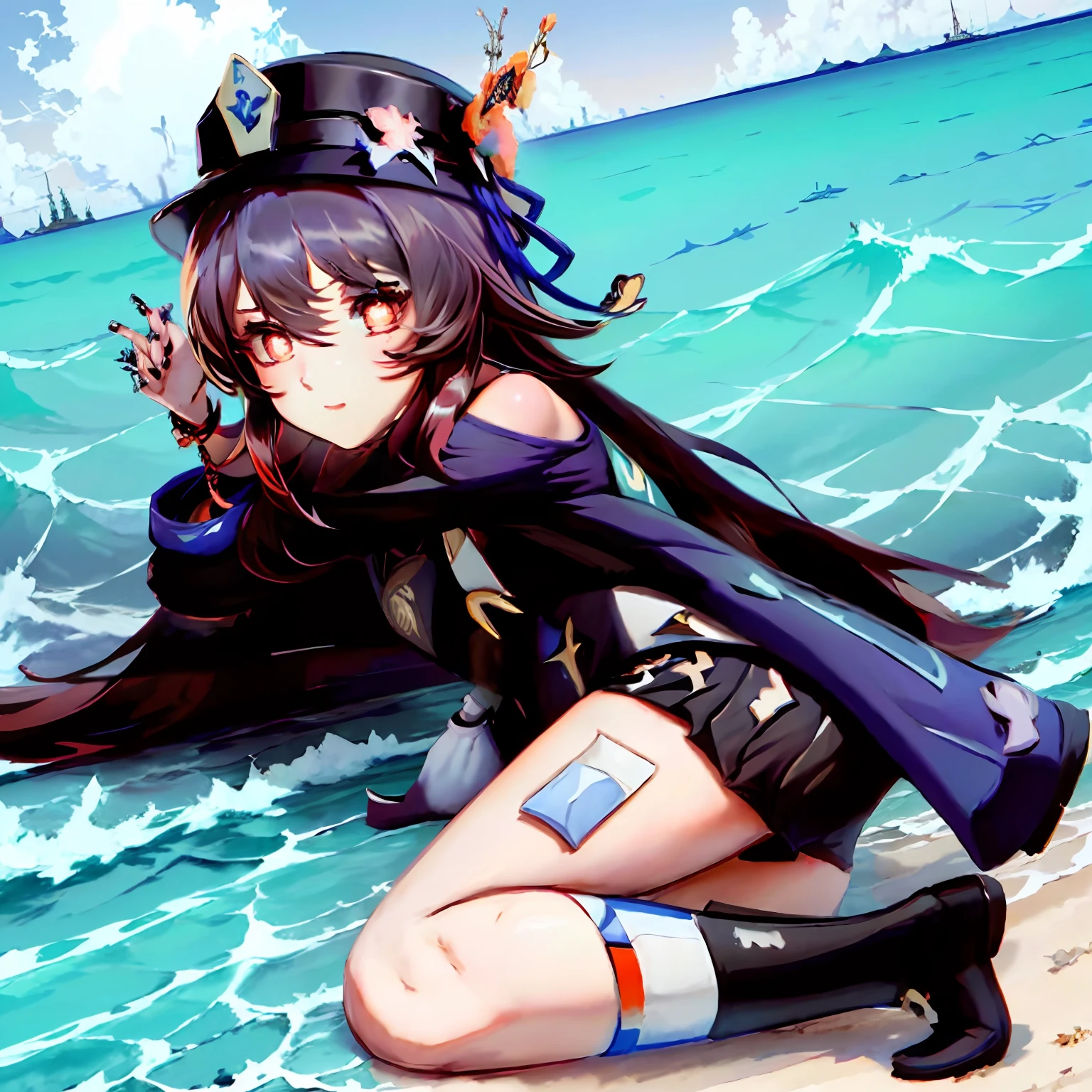 Anime girl sitting on pillow wearing straw hat and sunglasses, Kantai collection style, trending on cgstation, azur lane style, A scene from the《azur lane》videogame, negao, Guviz, relaxing on the beach, Loli, kancolle, trending at cgstation, small curvaceous loli, Middle metaverse Hu Tao upper body