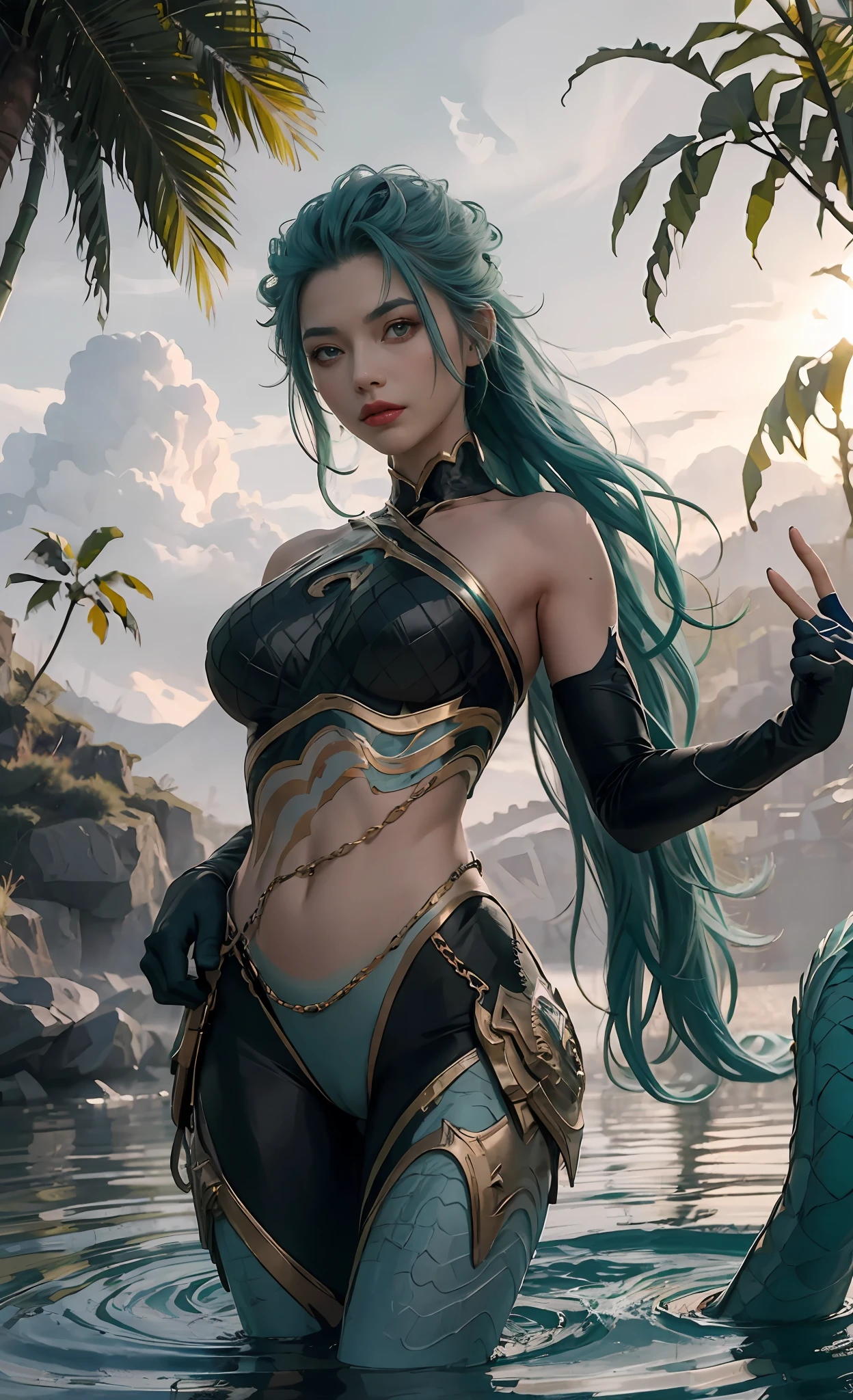 (The tall girl puts her hand in front of her and points to the side), combat pose, BREAK, (Dark background, Bamboo forest), (Slim_thights:1.3), ((big breastes)), Slender_thights, aqua hair, 1girl, 独奏, (Miniature body:1.4), generous cleavage, Posing, detailed anatomy, the perfect body, Detailed body, detailized face, Beautiful anatomical eyes. BREAK Kaisa Dragon Lagoon,  The BREAK is very detailed, Intricately detailed art, Artstation's Detailed Triadic Color Trend in Unreal Engine 5, 8K resolution, deviantart masterpiece.