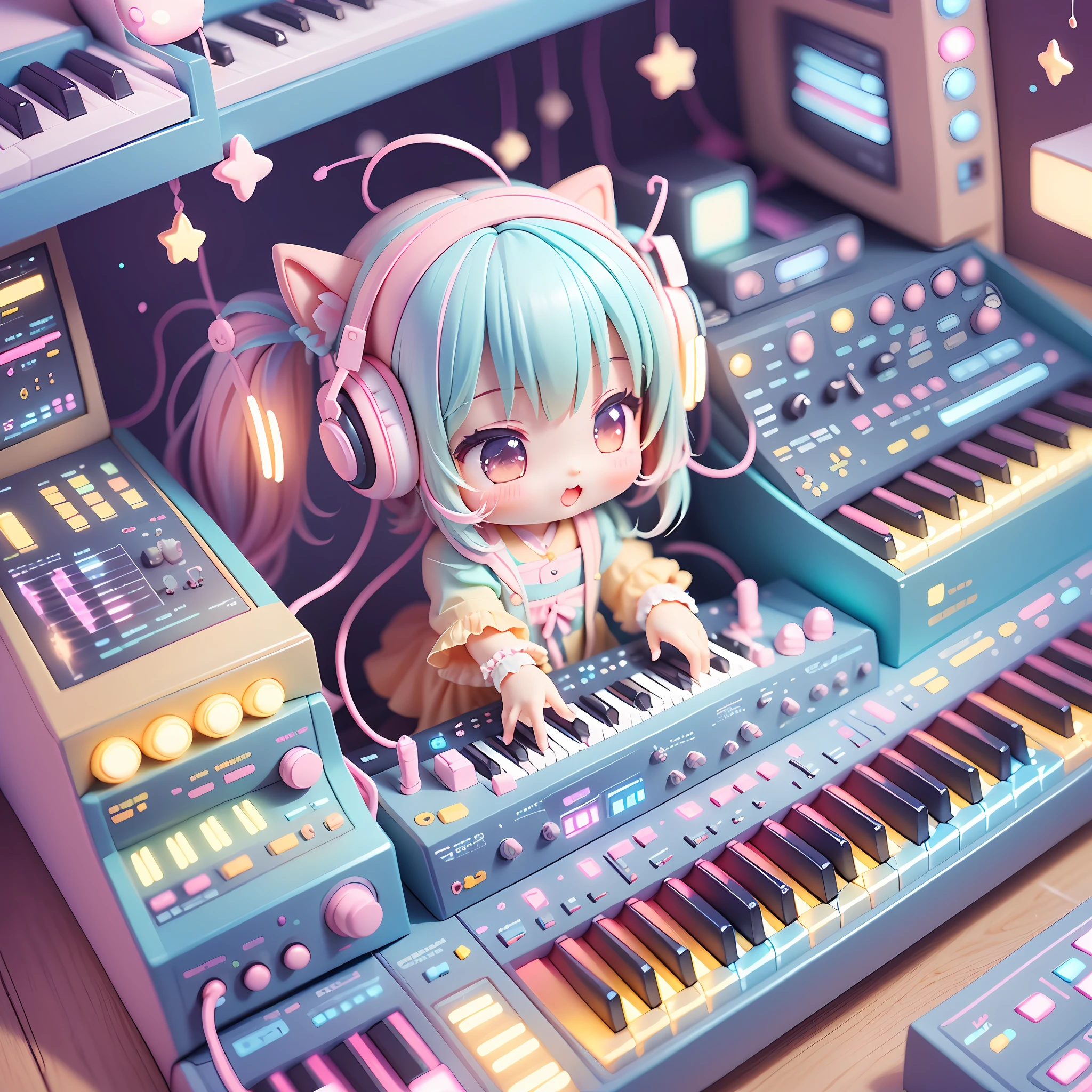 chibi playing synthesizer, kawaiitech, kawaii, cute, pastel colors, best quality, happy