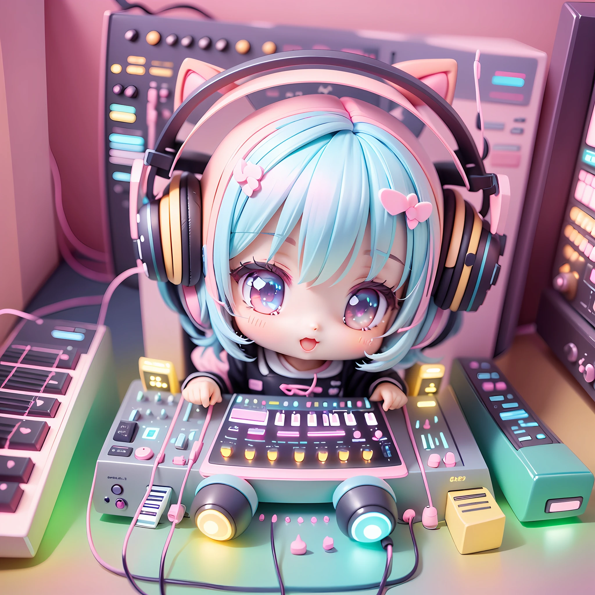 chibi playing synthesizer, kawaiitech, kawaii, cute, pastel colors, best quality, happy
