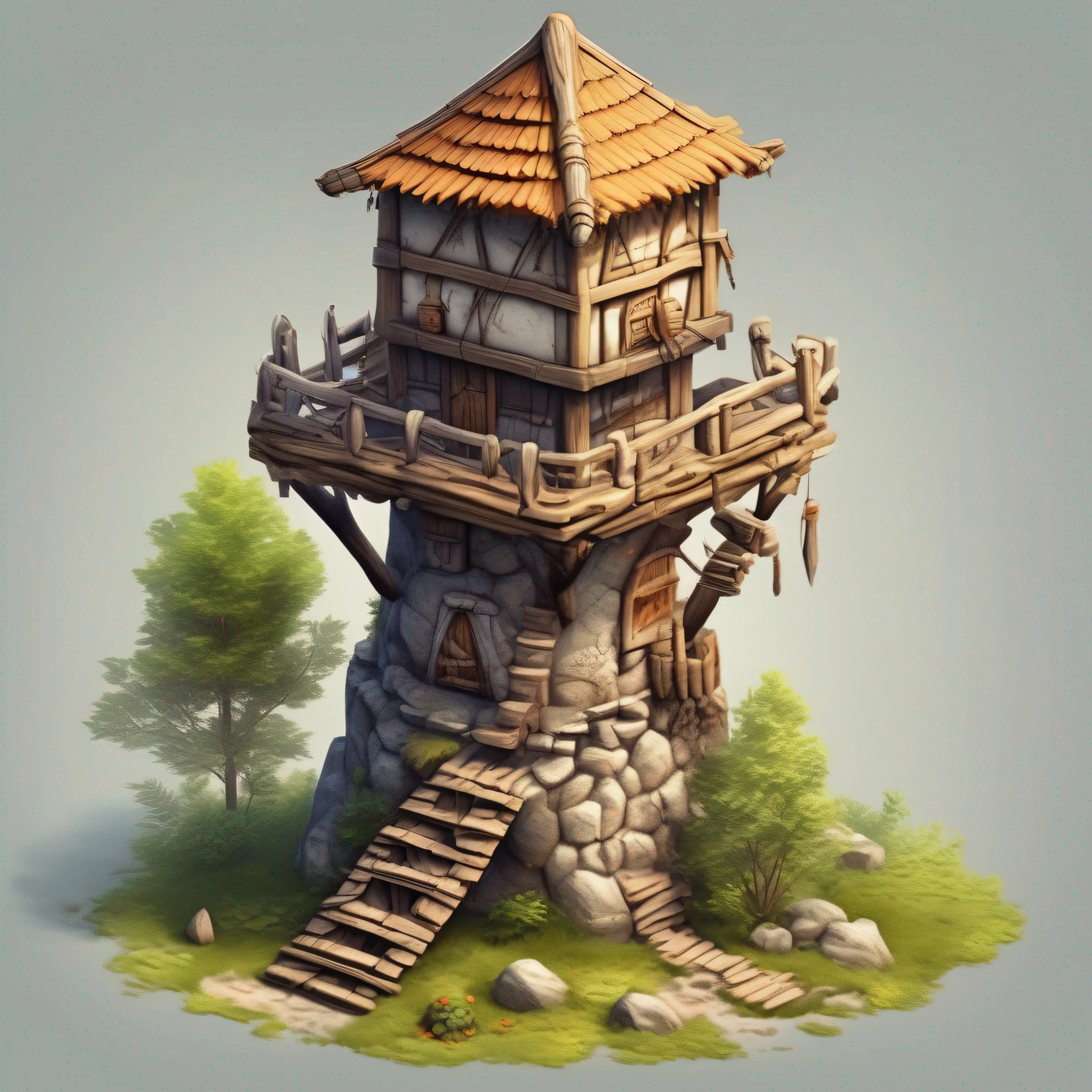 （Isometric house，Primitive tribal architectural design，Sentry Tower），Realisticstyle， Game architectural design，（A watchtower built on a tree，the tower），（Primitive barbarian style），Stone Age，Primordial period，（white backgrounid），Realistic photos， best detail， tmasterpiece， best qualtiy， 8K