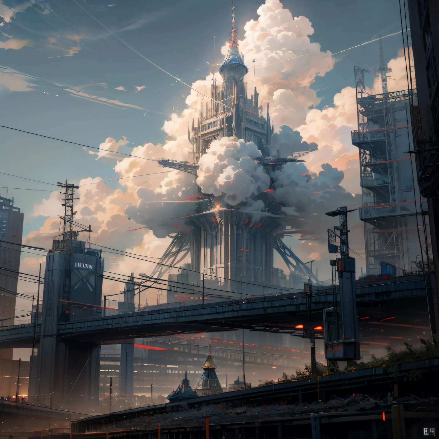 Skysky， Clouds， holding_weapon， no_humans， Glow， Moscow architecture， scientific fiction， 城市， Realistis --auto --v6