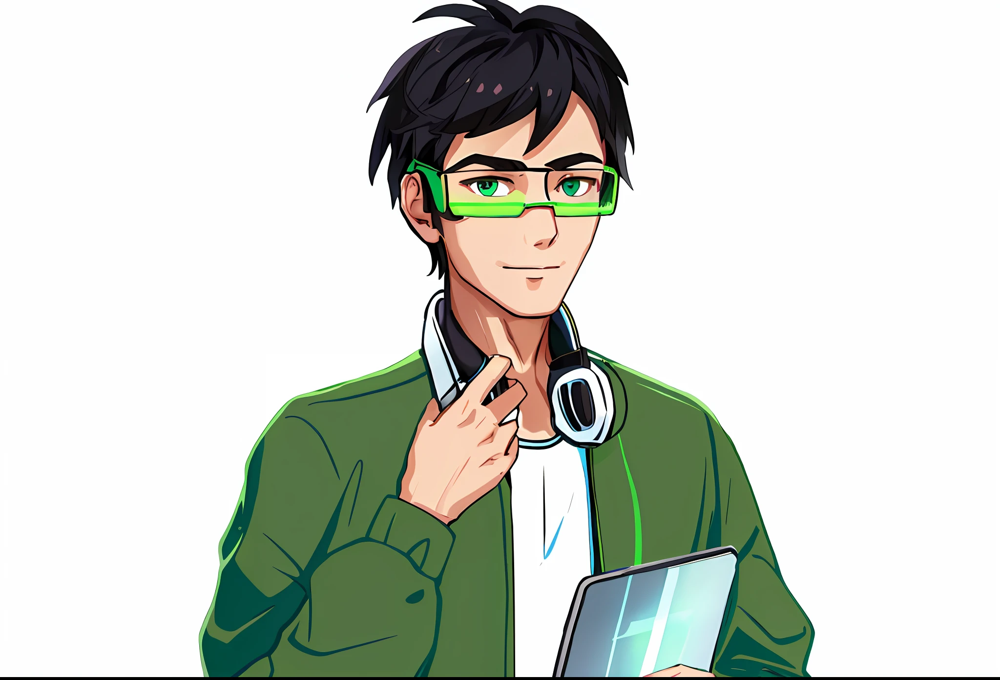 high-quality picture,male people,The upper part of the body,with short black hair,With translucent high-tech glasses,Headphones around your neck,Hold the tablet in front of you in your left hand,Hold the headset in your right hand,Wear a green jacket