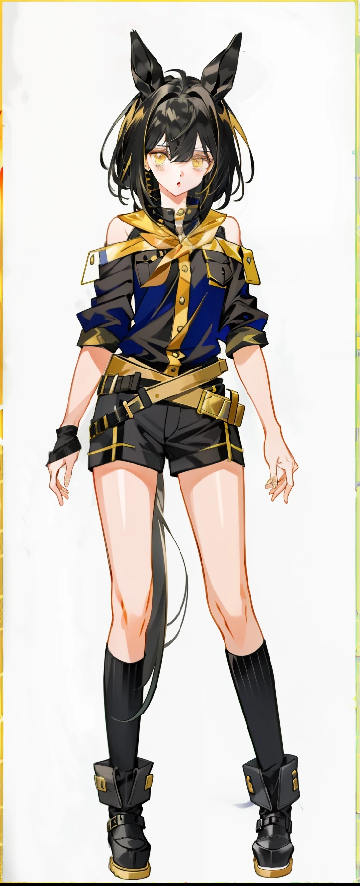 gilded black uniform, Style anime, kagamine rin, black and yellow scheme, anime vtuber full body model, clothing design, live2d virtual youtuber model, Black and yellow, A high resolution,(tmasterpiece:1.4),ultra - detailed,full bodyesbian,(Very detailed CG unity 8K wallpaper),(Best quality at best),(The best illustrations),A high resolution,(tmasterpiece:1.4),ultra - detailed,Full body standing painting,(Very detailed CG unity 8K wallpaper),(Best quality at best),(The best illustrations),(The best shadow),with a simple background,1个Giant Girl,Black color hair,Short black hair,Lunette de soleil,Cover the hair of the ears,(Dark golden eyes),(Horse ears and horse tail),Characters who are not easy to mess with,Cygame style,flat breastasant expression