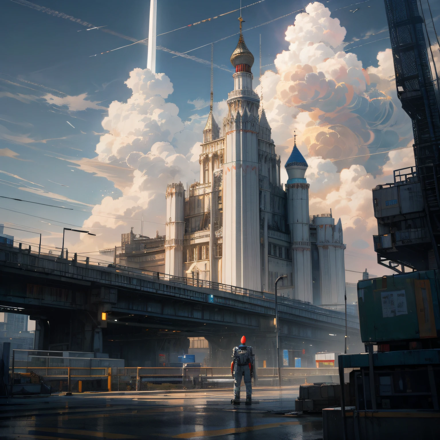 Skysky， Clouds， holding_weapon， no_humans， Glow， Moscow architecture， scientific fiction， 城市， Realistis --auto --v6