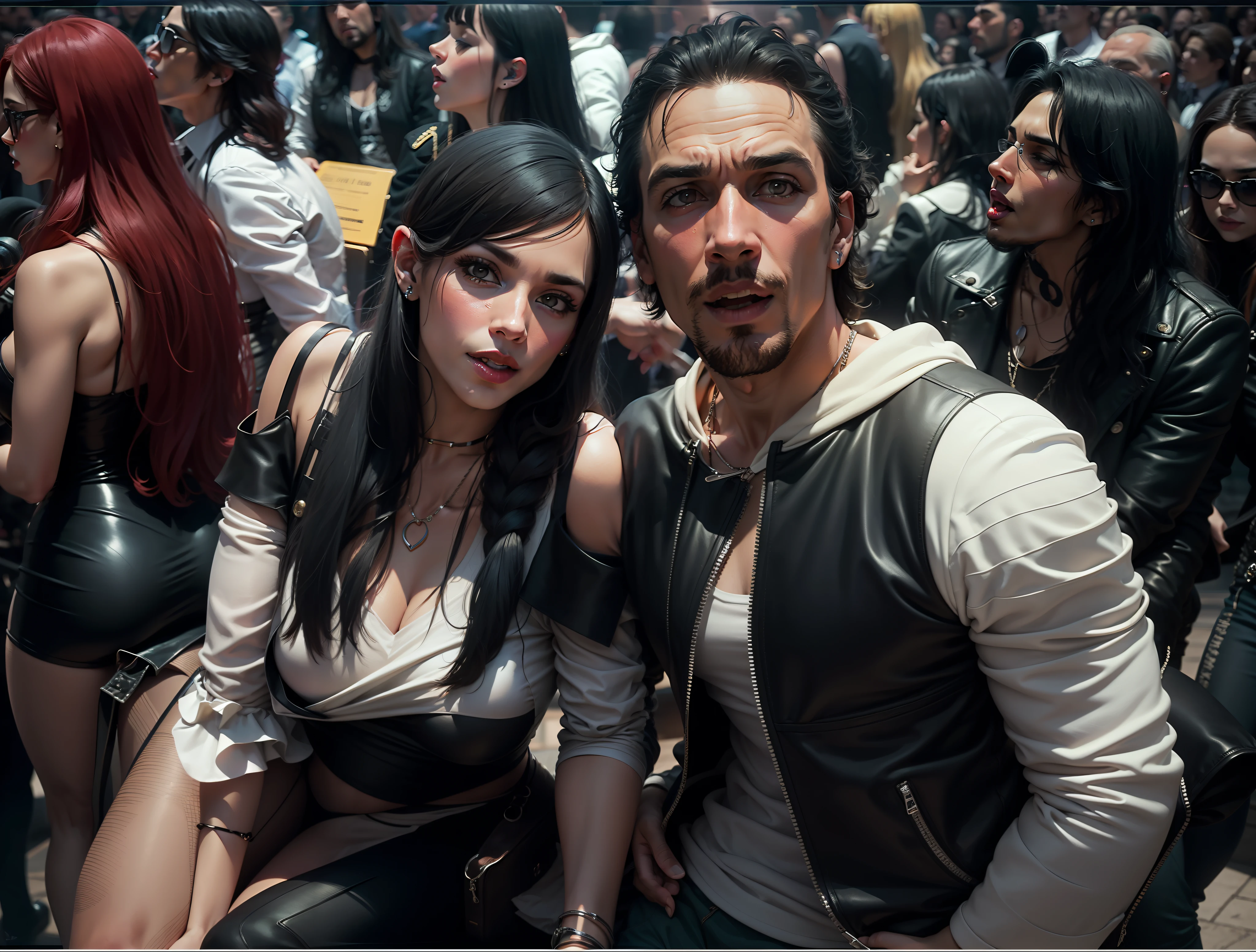 Pareja de rockeros vestidos con chaqueta de cuero negro y tachas en el recital de kiss