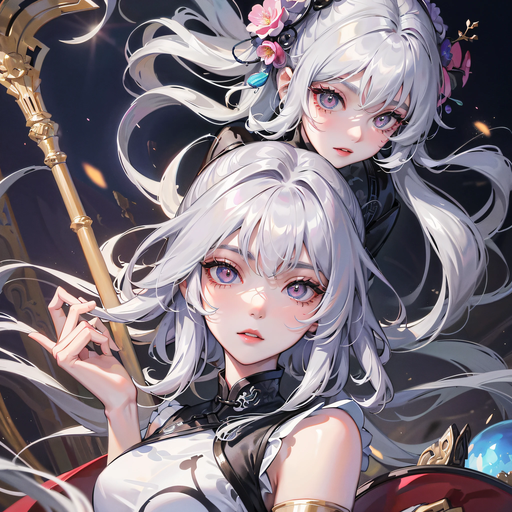 tmasterpiece、Need、night scene、moon full、1female、Mature woman、Cold,China-style、Ancient China、Sister、Royal sister、in cold face、face expressionless、Silver white long haired woman、Pale pink lips、Steady、intelligence、tribelt、Gray pupils,flower ball background,Stroll through the streetscape --auto