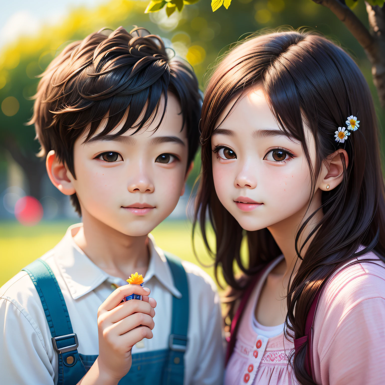 1 Boy, 1 Girl, Park, Bright Sunny Day, (Masterpiece: 1.2) (Realistic: 1.2) (Bokeh) (Best Quality) (Detailed Skin: 1.3) (Intricate Detail) (8K) (Detail Eye) (Sharp Focus), (Happy)