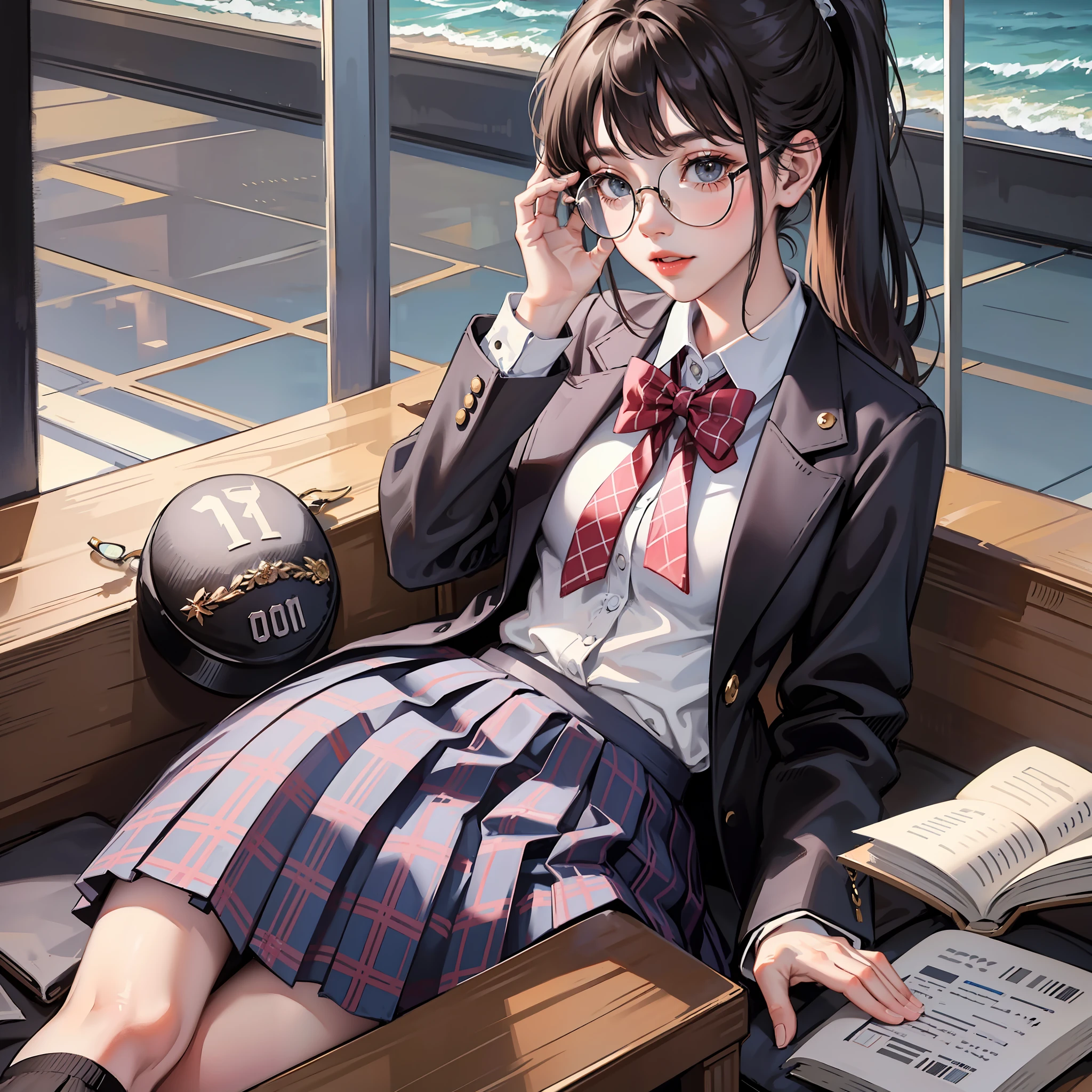 Korean preppy style, Royal sister,Sweet girl,Outrageously long ponytail, Parted bangs, circle glasses, Dress school uniform, Dark gray open jacket, Dark gray blazer, Pleated skirt, long plaid skirt,over knee socks,Read a book by the sea, The morning sun pours,Shy and quiet girl, looking at the distance, Extremely detailed hair, intricately details, Best quality, realisticlying,Need,tmasterpiece
