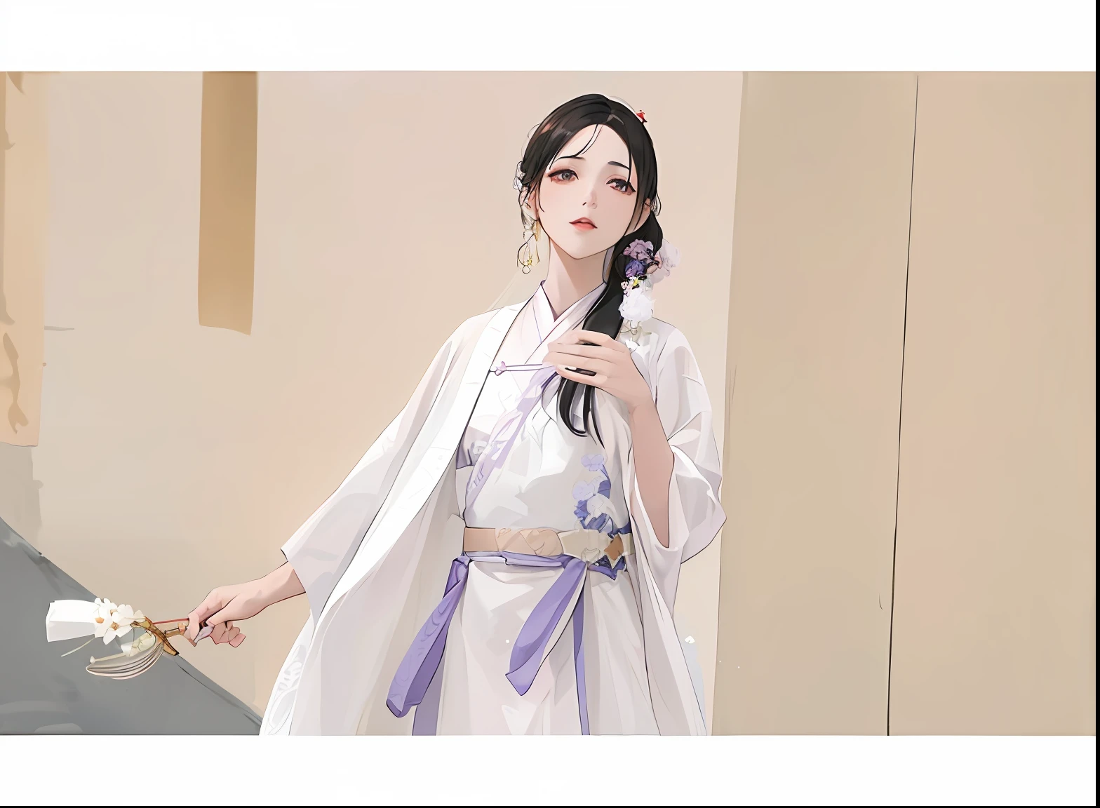 An arapi woman in a white dress and purple belt holds a purse, pale and coloured kimono, White Hanfu, Hanfu, komono, Middle Metaverse, with acient chinese clothes, long beautiful flowing kimono, komono, Japanese clothes, classy yukata clothing, in a kimono, Traditional Chinese clothing, classic kimono, sakimichan