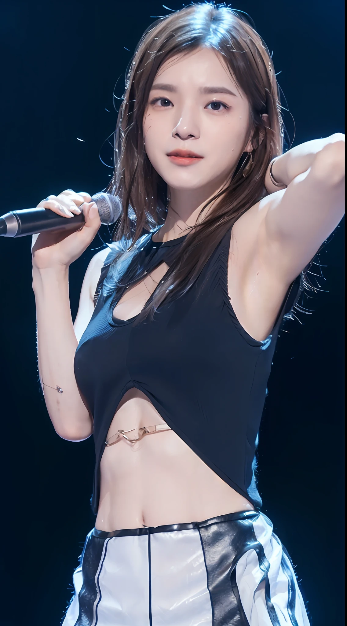 1 girl in(8K、Raw photography、top-quality、masterpiece:1.2)、(realisitic、realisitic:1.37)、(((ultra-detailliert、FULL BODYSHOT、Popular singers in the spotlight on stage、Live performance venue、Stand Microphone、minidress、Sleeveless、realistic eyes and face details、natural skin textures、Armpit、decolletage、cleavage of the breast、thighs thighs thighs thighs、Raw feet、a navel、abdominals、Fair skin、A detailed face、真实感、Realistic background、Realistic lighting、sexypose、Sweaty skin)))