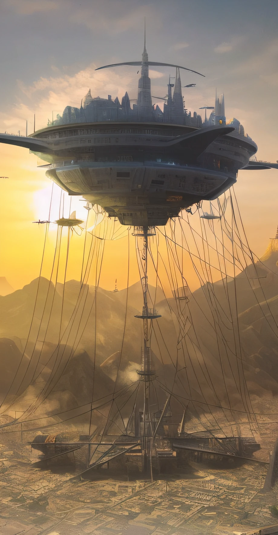 The building in the middle is a flying fortress,To show the details,The flying fortress should be grand,Full of sci-fi,Sci-fi Future,Ask for a lot of details,Front view