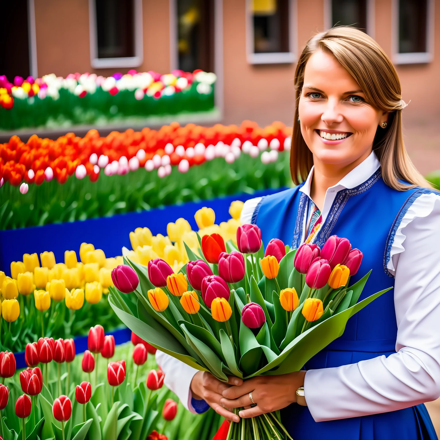 "A dutch mother with a warm smile, traditional attire, and a bouquet of colorful tulips in her hands." --auto