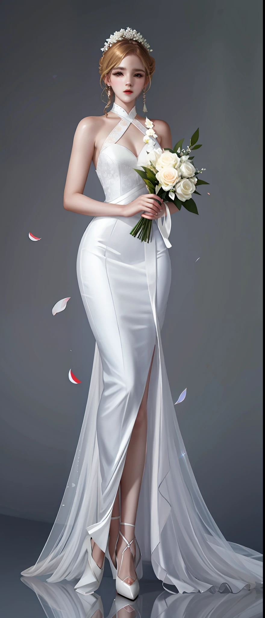 Arad woman in white dress,holds a bouquet of flowers, elegant glamor pose, jia, White gown, digital art of an elegant, inspired by Sim Sa-jeong, full-body xianxia, detailled image, Emma Watson as Greek goddess, Emma Watson as Blond Aphrodite, Full body portrait, soft elegant gown, elegant smiling pose