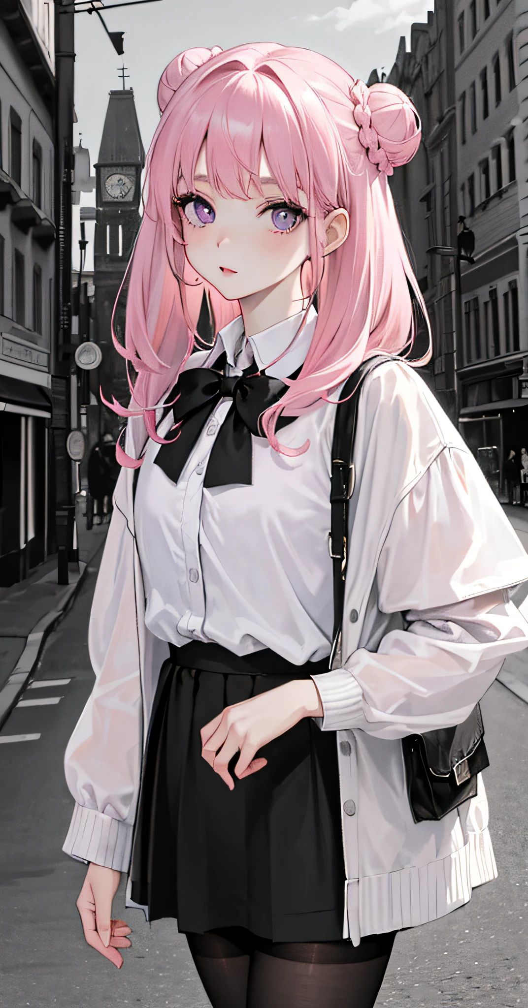 masterpiece,best quality,1 girl,loli,cute,solo,beautiful detailed eyes,delicate face,sweater,pink hair,side bun,violet eyes,highlight dyeing,blouse,microskirt,black pantyhose,see-through,street,clock tower,depth of field,colored with greyscale background.