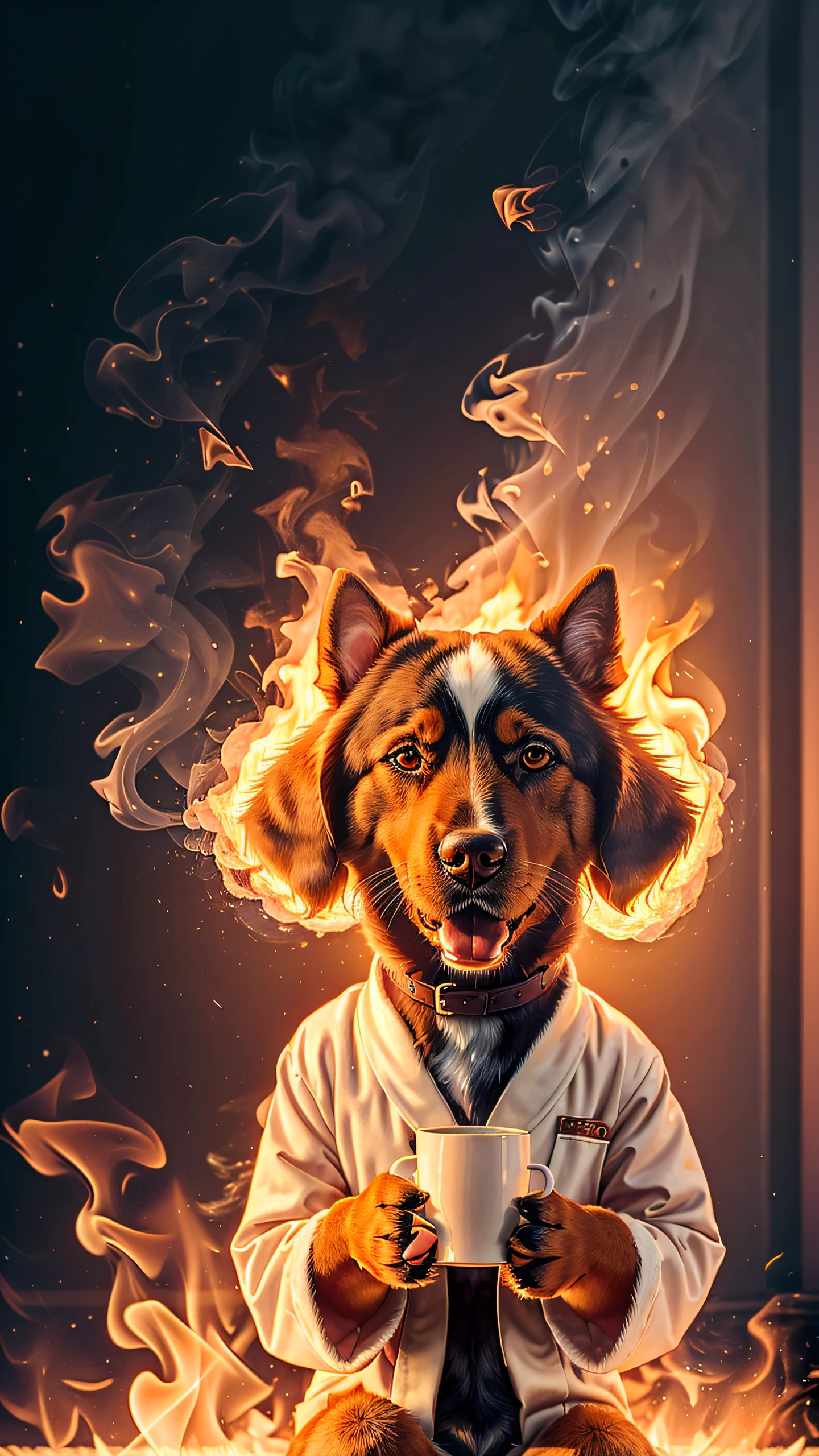 (anthropomorphic dog:1.3) holding a coffee cup, sitting, in a robe, eating breakfast and holding a coffee cup, hat, particles, volumetric lighting, livingroom burn down, ground and chair on fire, lots of gadgets and equipment, equipment is on fire, smoke, flames all around,