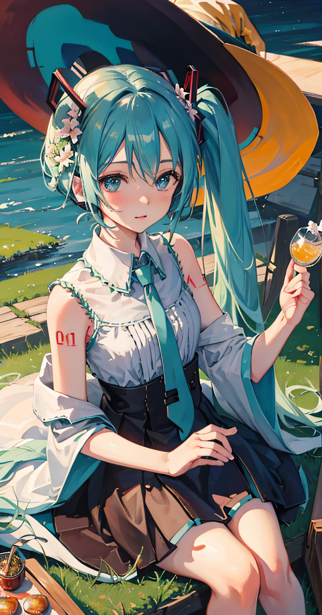 (watercolor:1.2,oil painting:1.2),masterpiece, best quality,({highres}, original, extremely detailed 8K wallpaper,dream), wide shot,profile,(1 girl, (hatsune miku), witch, Witch_hat), fairy, cute, lovely, cheerful,warm,fairy tale,beautiful and detailed face and eyes, crown,gorgeous,stars, sky, sitting on grass,flower,rabbit.