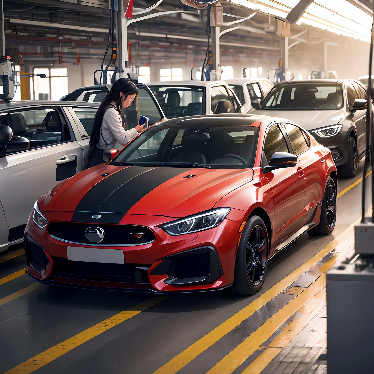 Workers in the automotive industry,China FAW,red flags,male people,rays of sunshine,wholesome,Modern intelligent automobile production line --auto
