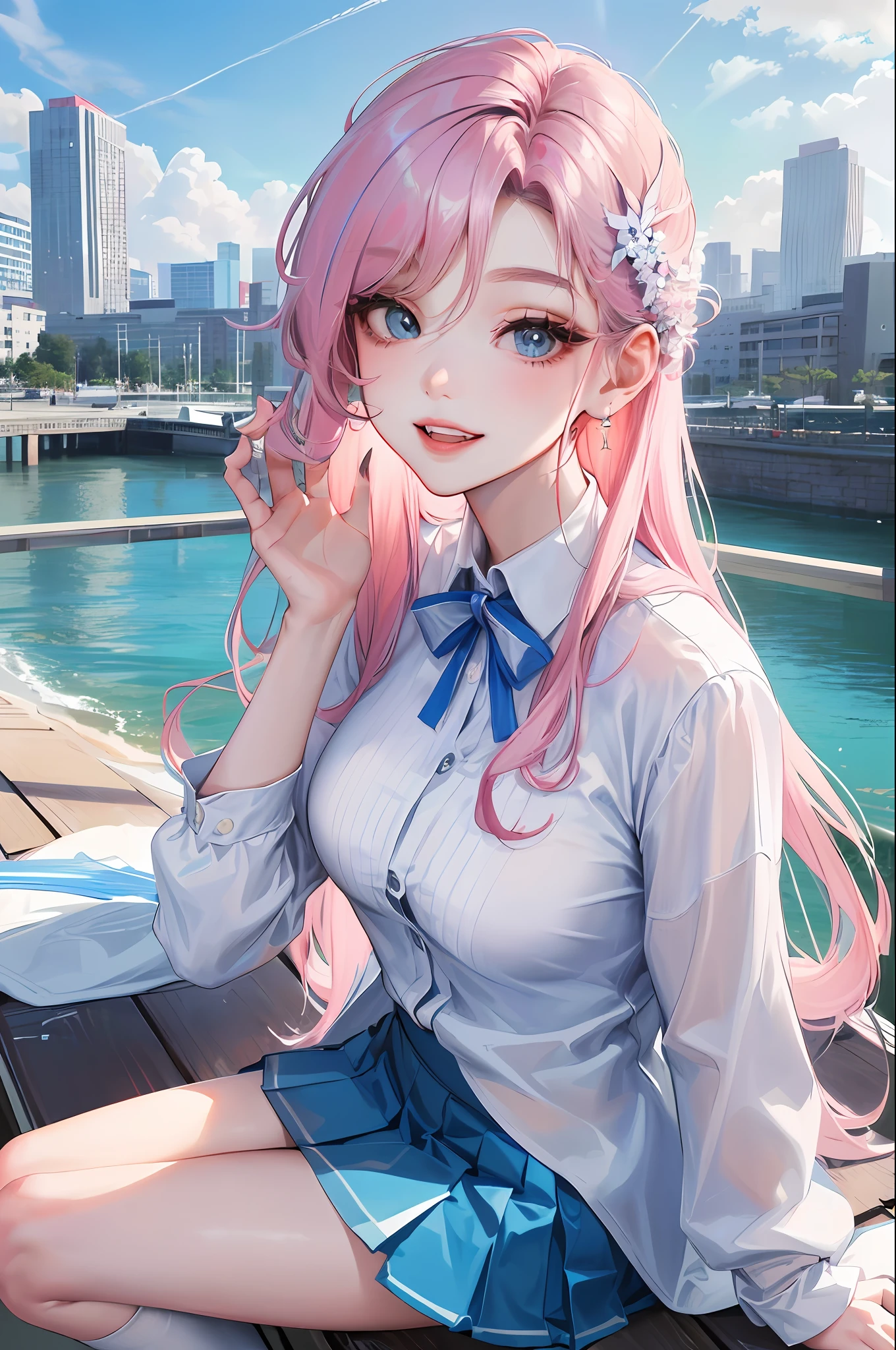 official art, masterpiece, sharp focus, (beautiful gorgeous cute korean woman:1.3), (beautiful cute korean woman:1.3), korean beauty, delicate and beautiful hair and eyes and face, realistic, super detailed, beauty girl, blue sky, glow white particles, (side light: 1.2), sunshine, white clouds, fine clouds, slender, pretty breasts and big buttocks, smile with teeth, ((laugh with eyes, open both eyes )), scenery, long straight hair, sexy look, buildings, (cityscape: 1.7), dynamic hair, long straight hair, detailed platinum pink hair, sparkling blue eyes, (blue pleated shirt + white skirt) , white long socks, white skin, hair ornaments, magnificent scenery,
