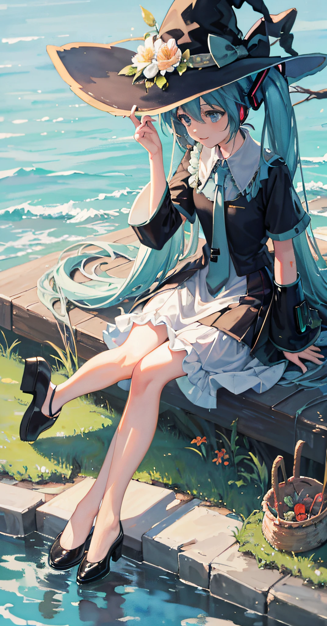 (watercolor:1.2,oil painting:1.2),masterpiece, best quality,({highres}, original, extremely detailed 8K wallpaper,dream), wide shot,profile,(1 girl, (hatsune miku), witch, Witch_hat), fairy, cute, lovely, cheerful,warm,fairy tale,beautiful and detailed face and eyes, crown,gorgeous,stars, sky, sitting on grass,flower,rabbit.