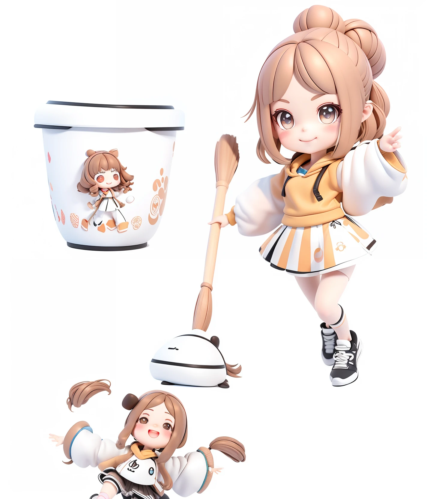 (tmasterpiece),(best qualtiy),(ultra - detailed),(full bodyesbian:1.2),one-girl,tchibi,adolable,ssmile,with her mouth open,dance,Dancing hip hop,jumping posture,hoody,Be red in the face,The shirt,short detailed hair,brown hair,Blush stripe sticker,longer sleeves,brunette color hair,athletic sneakers,trouser,3D clay rendering,White background,(Beautiful detailed face),(beatiful detailed eyes),Take a broom