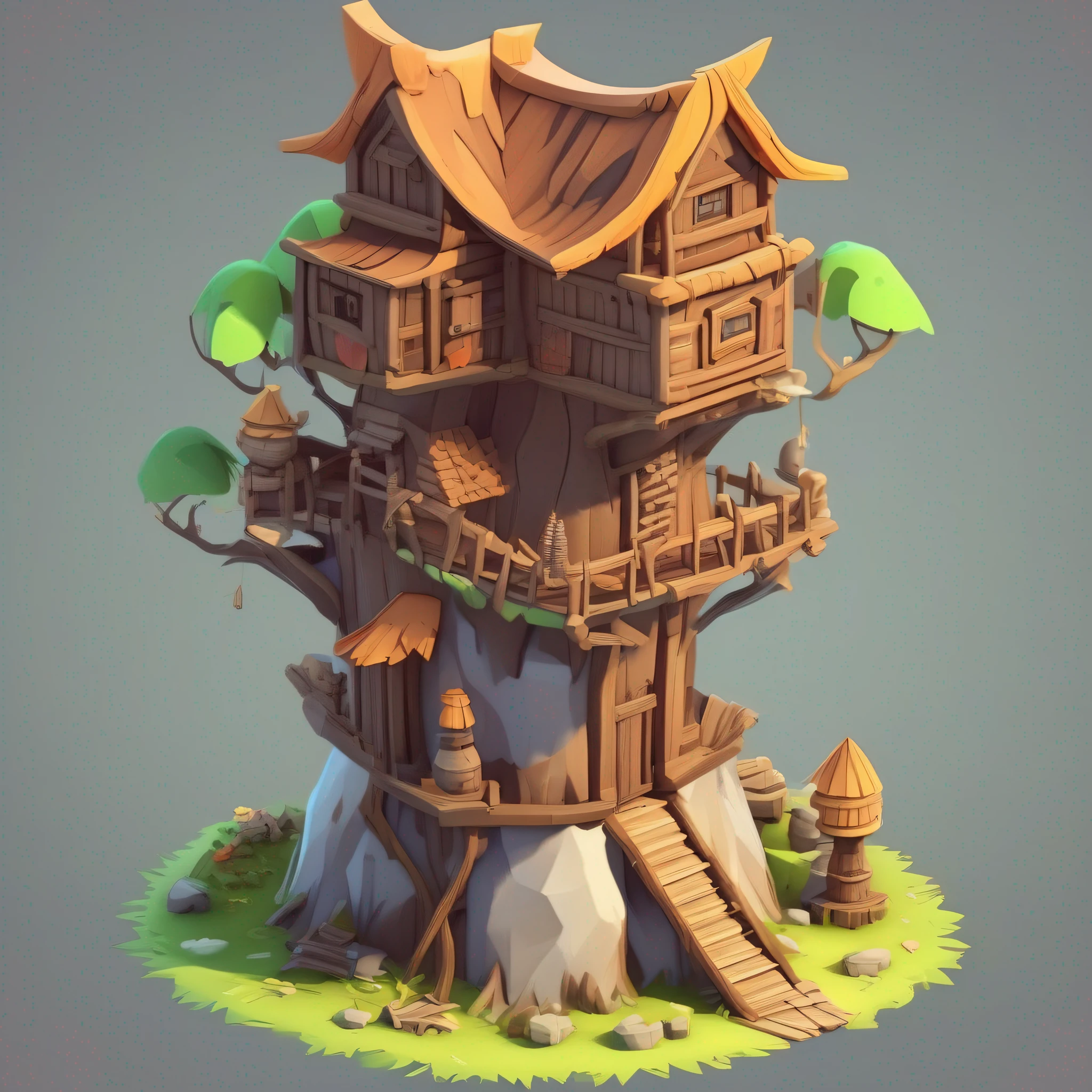 Isometric house,Primitive tribal architectural design,cartoonish style, Game architectural design,RPG style,(A watchtower built on a tree,the tower,wood),(3D model rendering、Primitive barbarian style),white backgrounid,Stone Age,Primordial period,clash of clans style,Cartoon model rendering,low poly, best detail, tmasterpiece, best qualtiy, toon rendering, 8K