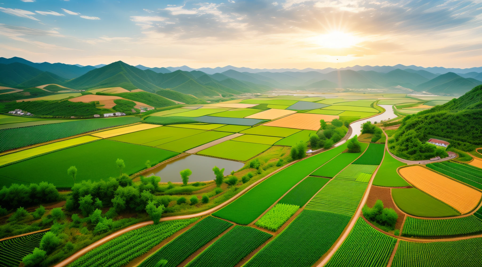 Aerial view of green fields with river and village, Wine, korean countryside, napa, terraced orchards and ponds, baotou china, entertainment, Overhead shot, wide view of a farm, lush farm lands, ariel view, ( land ), aerial shot, countryside in japan, seen from straight above, Riverside, idyllic and fruitful land, looking from above
