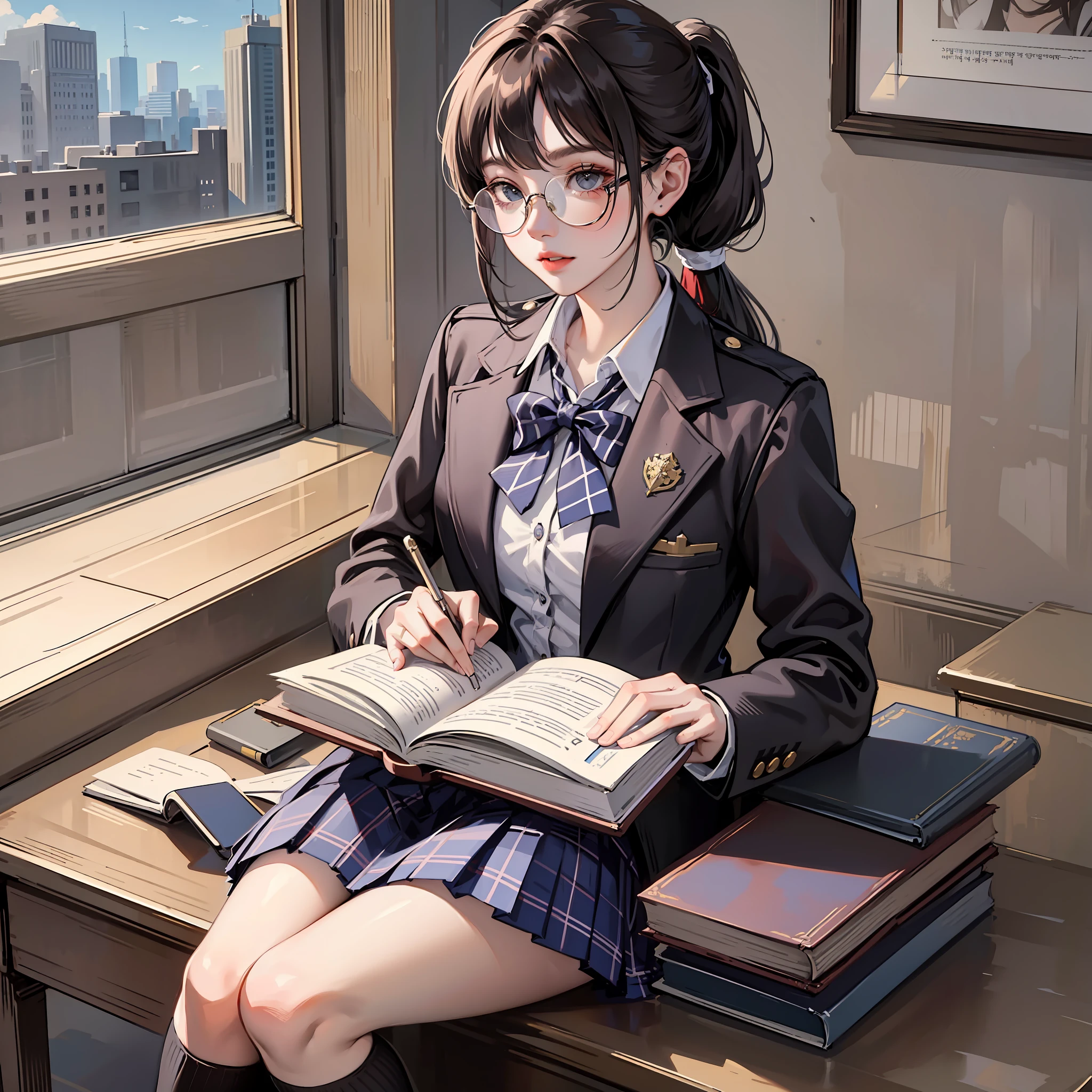 Korean preppy style, Royal sister,Sweet girl,Outrageously long ponytail, Parted bangs, circle glasses, Dress school uniform, Dark gray open jacket, Dark gray blazer, Pleated skirt, long plaid skirt,over knee socks,Read a book at school, The morning sun pours,Shy and quiet girl, looking at the distance, Extremely detailed hair, intricately details, Best quality, realisticlying,Need,tmasterpiece