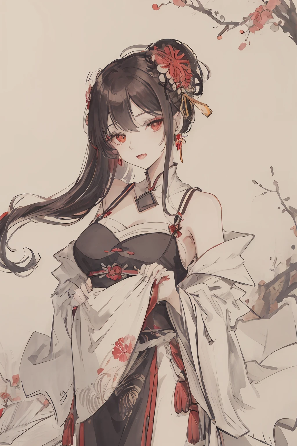 ((High resolution)), (Open Mouth), (Bust), (Top Quality), ((Super Fine)) (Super Fine CG)), ((8k_wallpaper)), Dynamic Angle, Floating, (Eyes with Beautiful Details), Very Delicate and Beautiful Girl, Upper Body, Ink Painting, (Chinese Style), Dark Eyes, Burning, Detail Light. from_low, (black hair), (red spider) lily: 1.33), aqua eye, (hair flower: 1.3), Bloom, single, starry sky, hair accessories, earrings, jewelry, messy hair, bare shoulders, half-closed eyes, bloom, (men), (Hanfu: 1.3), (Medium breasts): 1.2), (Eyeshadow, Red Eyeliner: 1.15), (Eyeshadow, Red Eyeliner: 1.15), (Eyeshadow, Red Eyeliner: 1.15), (Visible Eyes Through Hair: 1.2), (Solo Exhibition), Red Moon