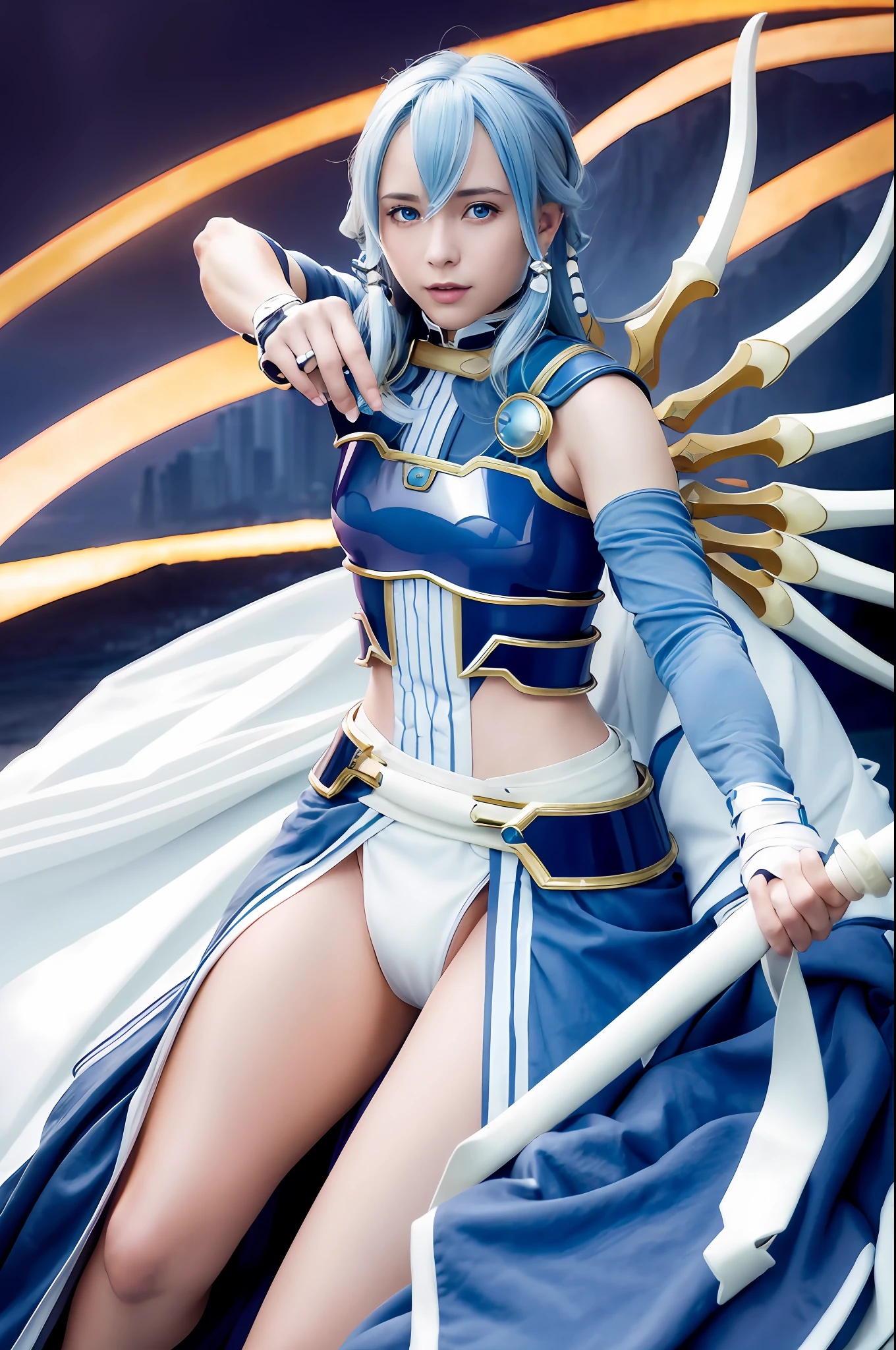 masterpiece、top-quality、Hi-Res、1girl、sinon1、white glove、thigh-high socks、pelvis curtain、Long-haired shorthair、hair between eye、side locks、breastplates、Shoulder armor、Blue armor、cowboy shot、reaching out her hands、a smile、