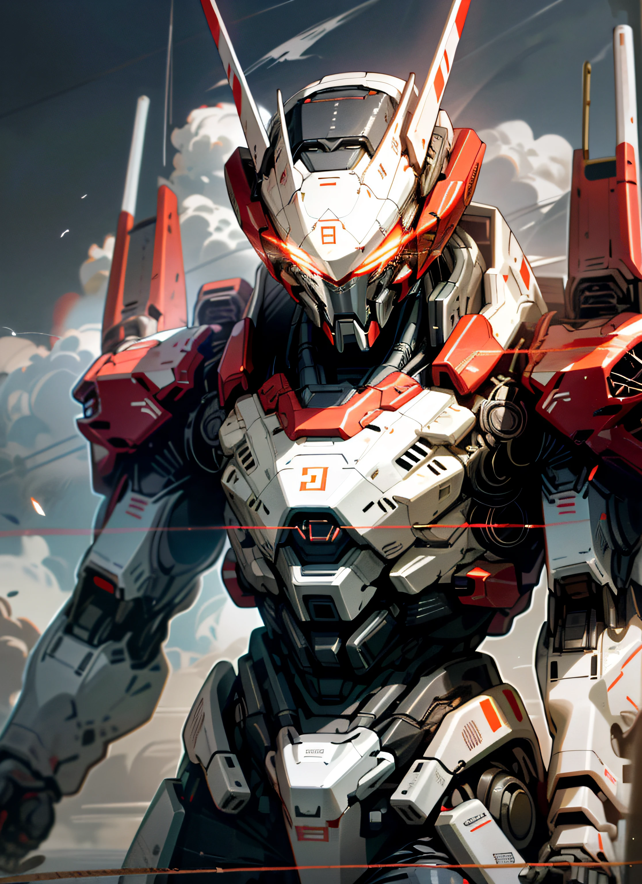 Skysky，​​clouds，Holding_arma，No_Humanity，with light glowing，Red and white color scheme，droid，buliding，Glowing_Eyes，Mecha，scientific fiction，城市，Realistis，Mecha