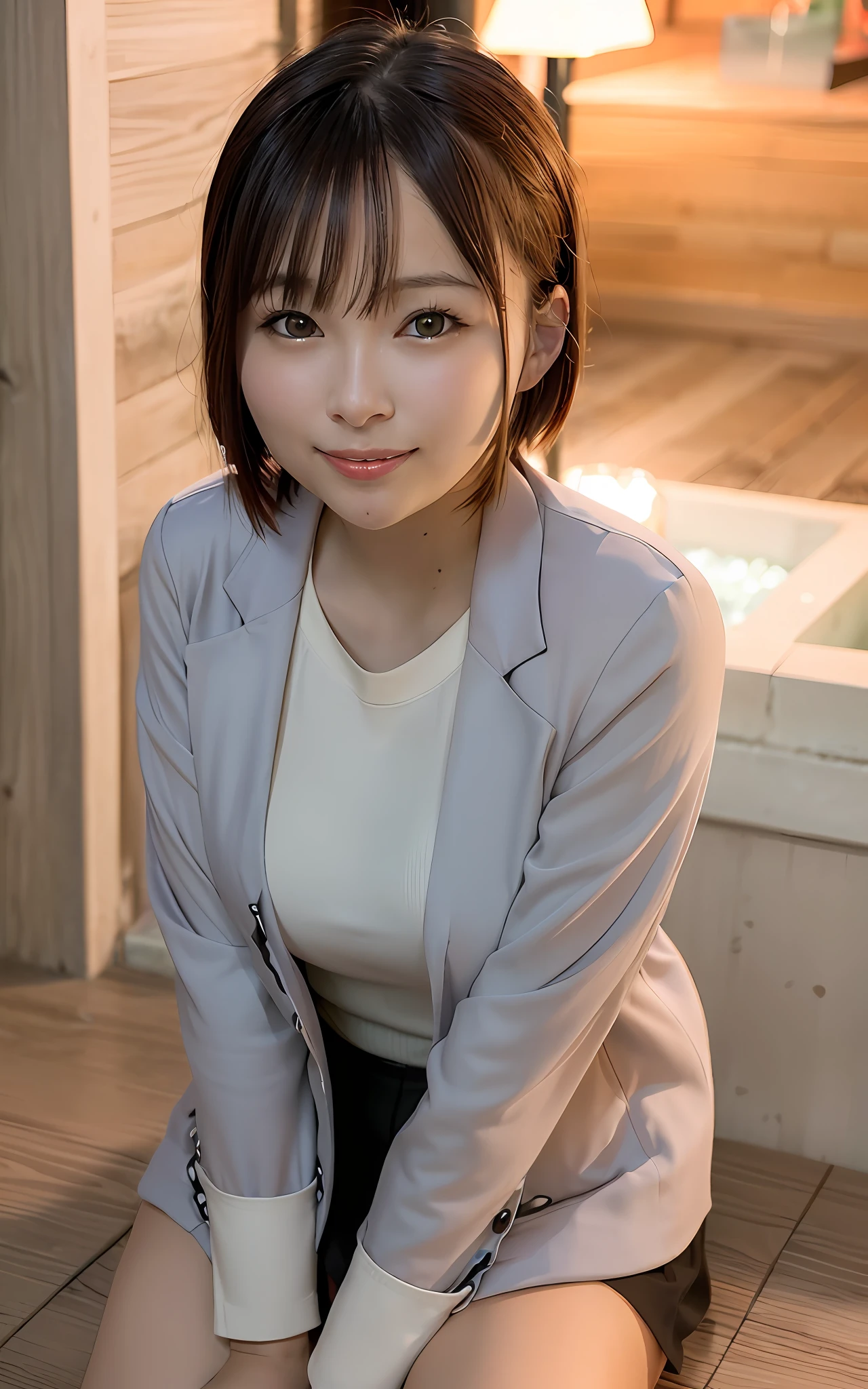 (8K, Best Quality, Masterpiece: 1.2), (Realistic, Photorealistic: 1.2), Cute, Solo, Beautiful Definition Sky, Night, Wet, Watching Viewer, (Sit: 1.5), Date, Future,
(nose brush), (smile: 1.15), (mouth closed) small breasts, fine beautiful eyes, (dark blonde: 1), (short hair: 1.1), floating hair NovaFrog style,
Gray blazer, button T-shirt, black mini skirt, makeup, (8k, RAW photo: 1.2),