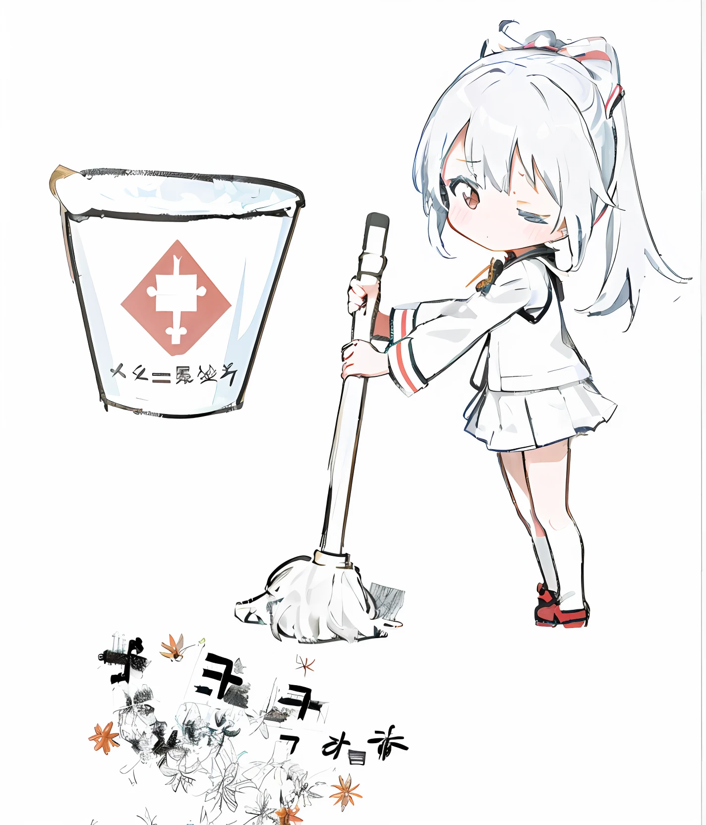 Anime girl with mop and a bucket of water, Kantai collection style, clean anime art, Pisif, anime maid ss military, kancolle, clean concept art, at pixiv, girls frontline style, konpeki no kantai, nyaruko-san, from girls frontline, Pisif style, Pisif 3DCG