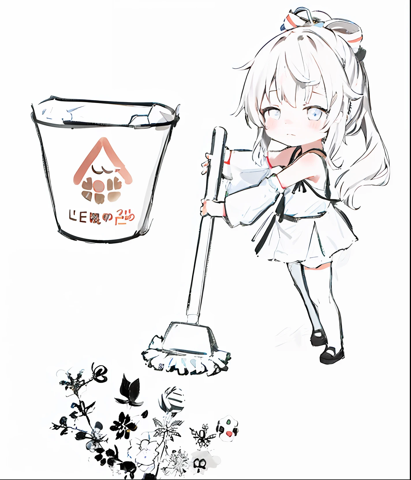 Drawing of a girl with a mop and bucket, author:Sengai, sweeping the floor, Middle metaverse, drawn image, Clean and neat, cleanest image, 🍁 Cute, Yandere, 🚿🗝📝, cleaning future, clean environment, clean anime art, clean anime outlines, Clean image, DDLC, clean coloring book page