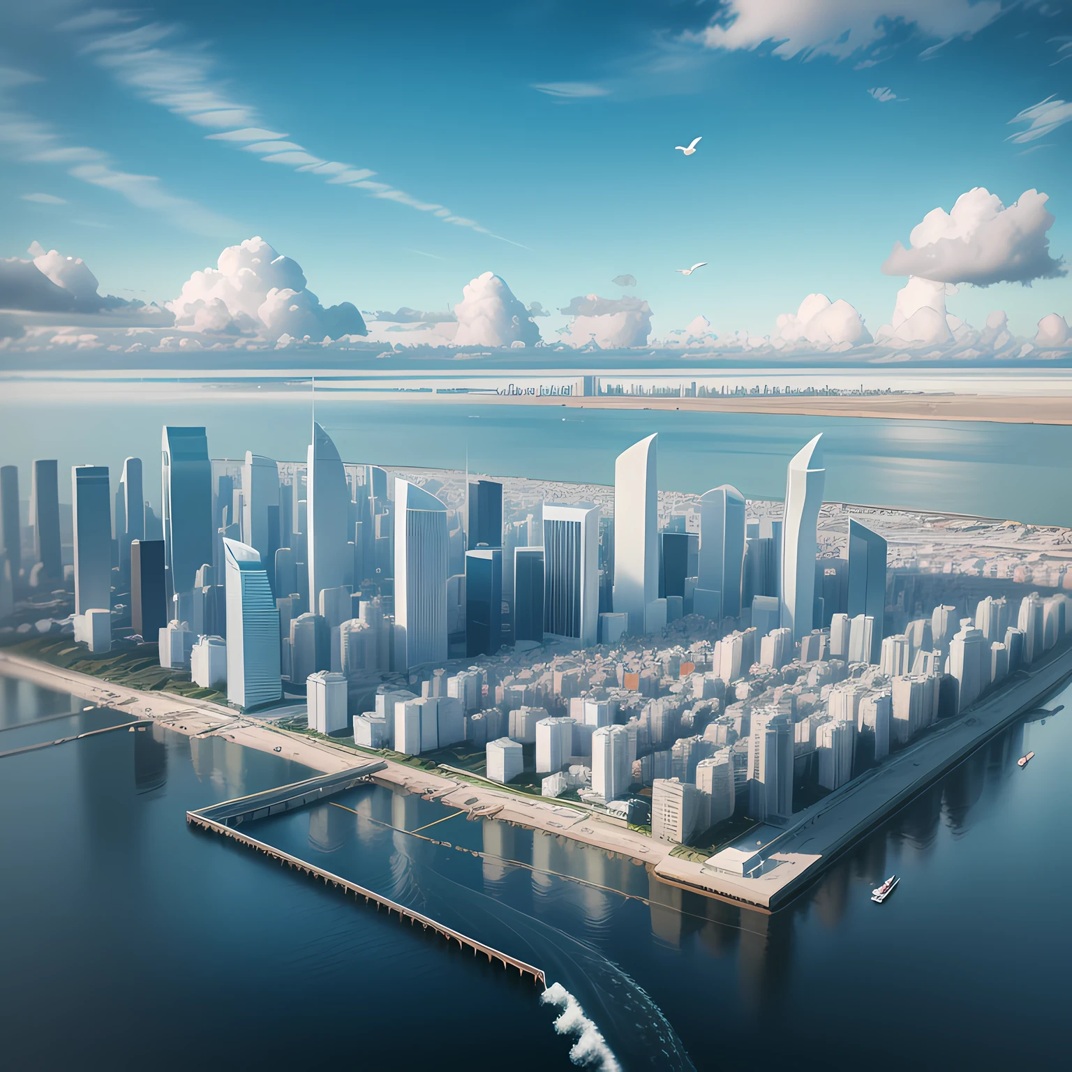 Aerial view of the coastal city, 3d modeling, wide end, light blue sky above, white clouds, and white pigeons, the city is Frosted glass style, blue and white buildings, waves slightly rippling, light orange ships slowly out.