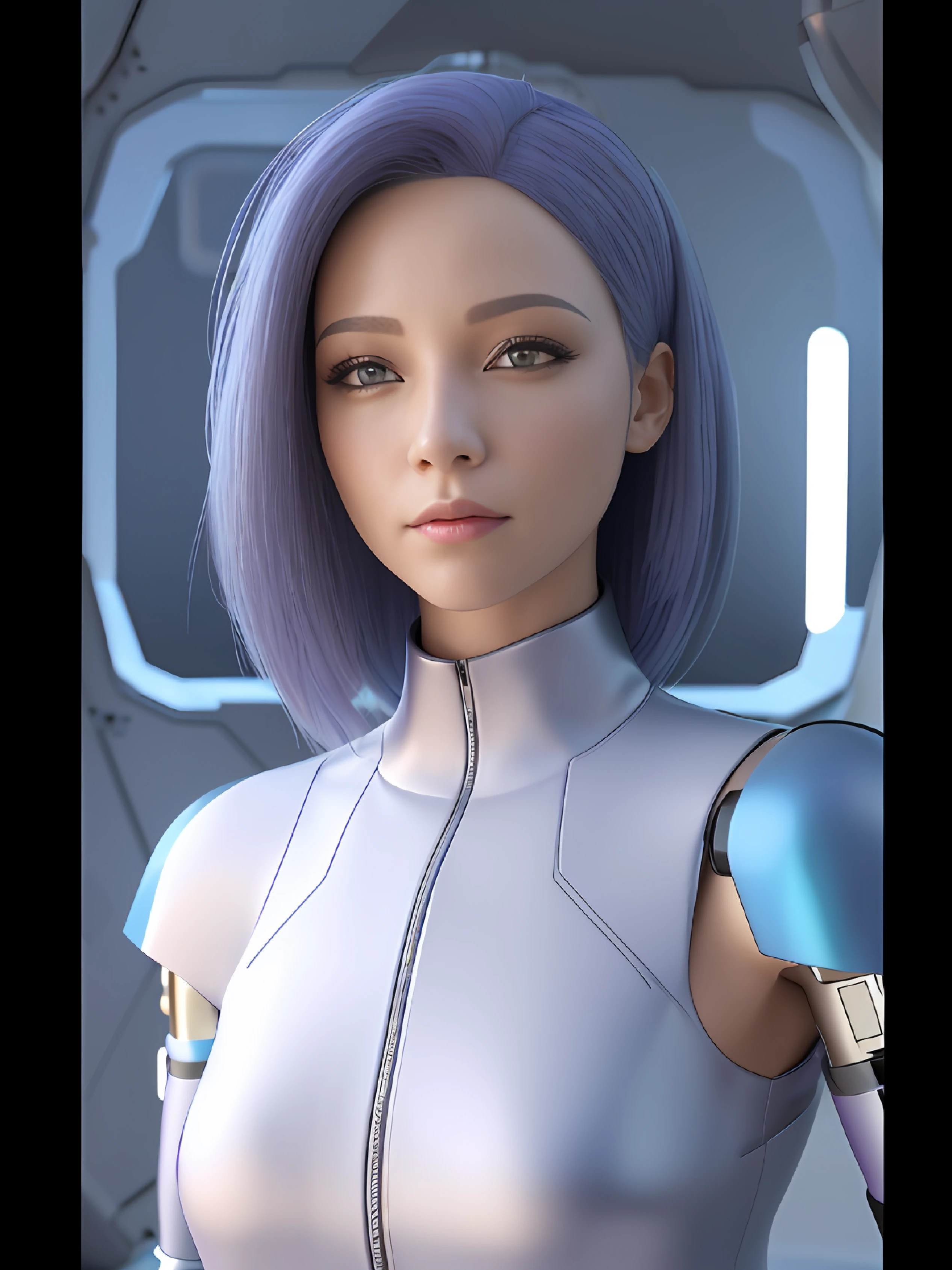 Close-up of a woman in a long purple dress, Cyborg - blue-purple haired girl, sci - fi character, Rendu portrait 8k, Realistic anime 3 D style, sci fi female character, portrait anime space cadet girl, 3 D rendering character art 8 K, dystopian sci-fi character, sci-fi android female --auto