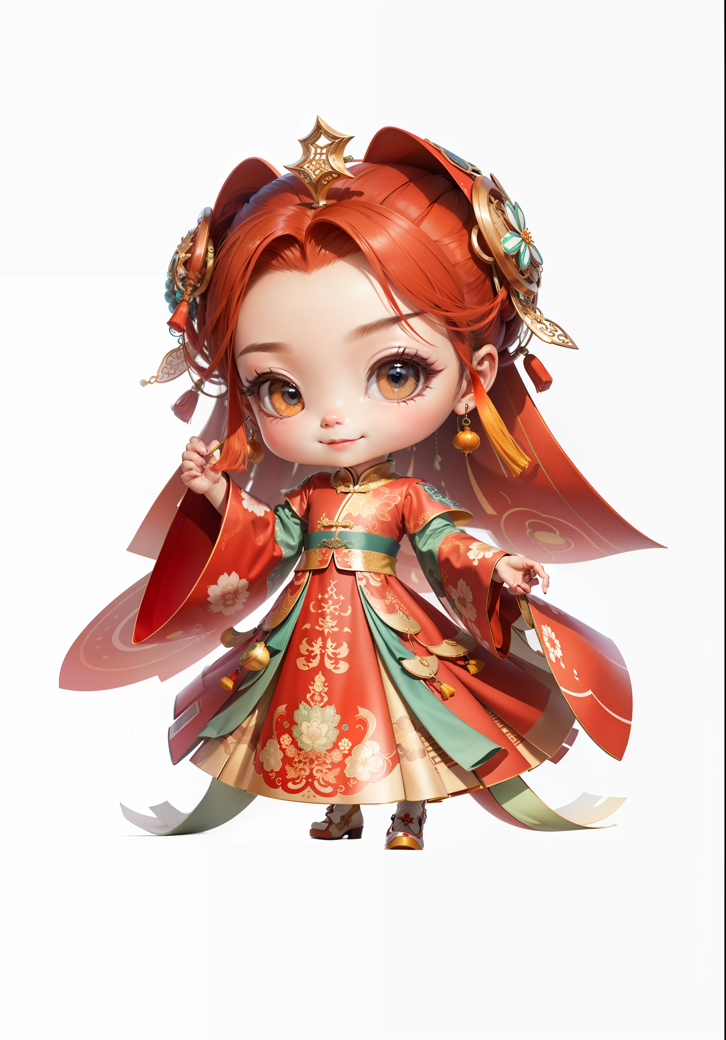 China-style，Chinesedress，Chinese shoes，The mouth smiles，ssmile，8K，best qualtiy，tmasterpiece，ultra - detailed，best qualtiy，超高分辨率，profesional lighting，フォトンマッピング，Radio City，physically-based renderingt，cinmatic lighting，Fine painting，filigree，Refinement，infinite details，Metal details，metalictexture，Three-dimensional metal pattern，Chinese three-dimensional metal texture