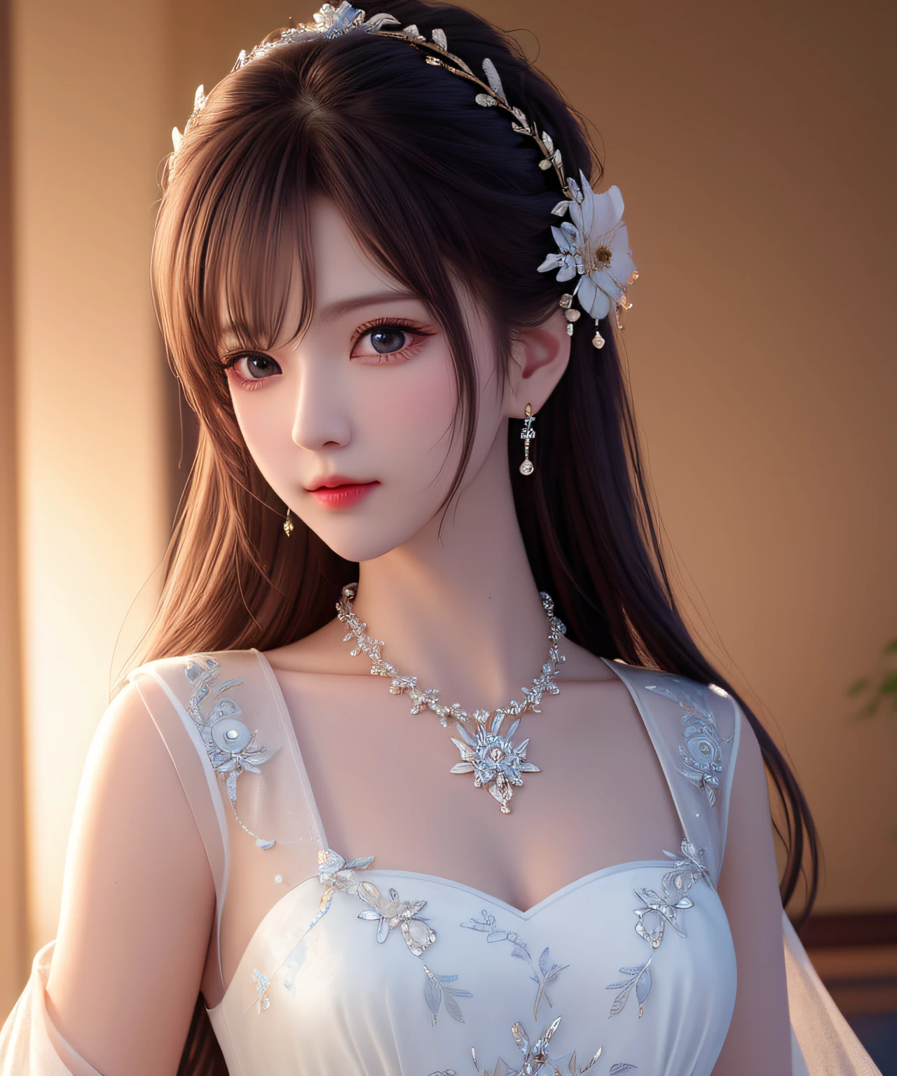 Best quality, masterpiece, high resolution, 1girl, porcelain dress, hair accessories, necklace, jewelry, beautiful face, on the body, Tyndall effect, realistic, dark studio, edge lighting, two-tone lighting, (high detail skin: 1.2), 8k UHD, dslr, soft light, high quality, volumetric light, candid, photo, high resolution, 4k, 8k, background blur,