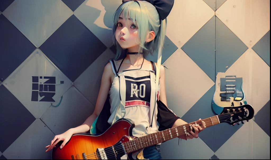 Long、girl with、Tank tops、shortpants、espadrilles、electric guitars、a large ribbon on the head、 --auto