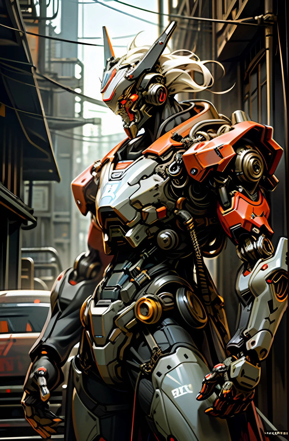 Dark_Fantasy,Cyberpunk,(chain saw,chain saw man,Red:1.1),1man,Mechanical marvel,Robotic presence,Cybernetic guardian, wearing a worn-out mech suit, intricate, (steel metal [rusty]), elegant, clear focus, shot by greg rutkowski, soft lighting, vibrant colors, masterpiece, ((street)), cowboy shot, dynamic pose,