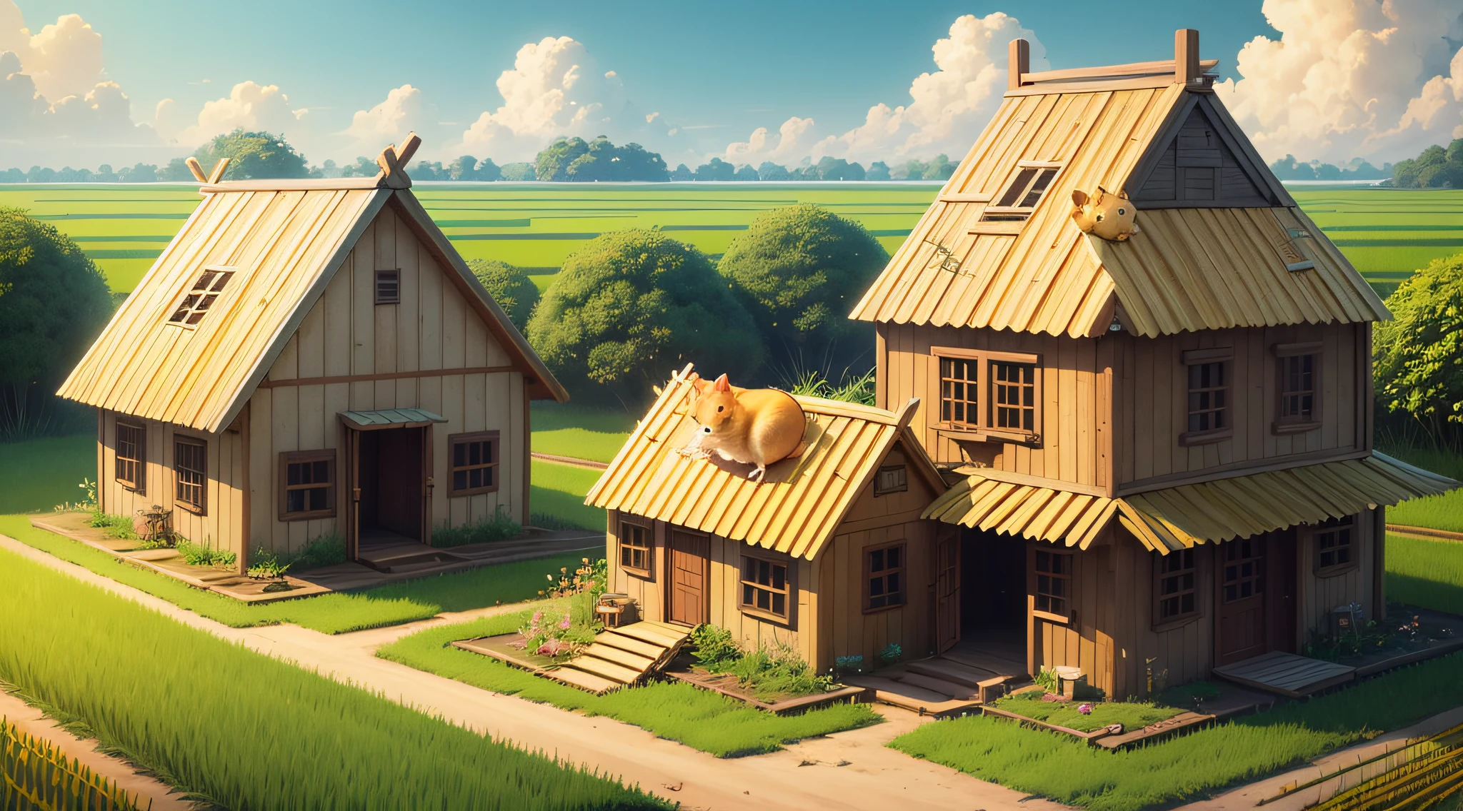 hamster，Golden rice fields，Hamsters work together to rebuild their homes，in style of hayao miyazaki --auto