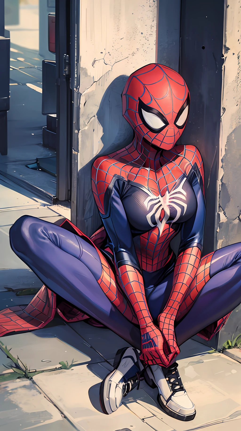 Female Spider-Man,sat on the ground,looking at viewert