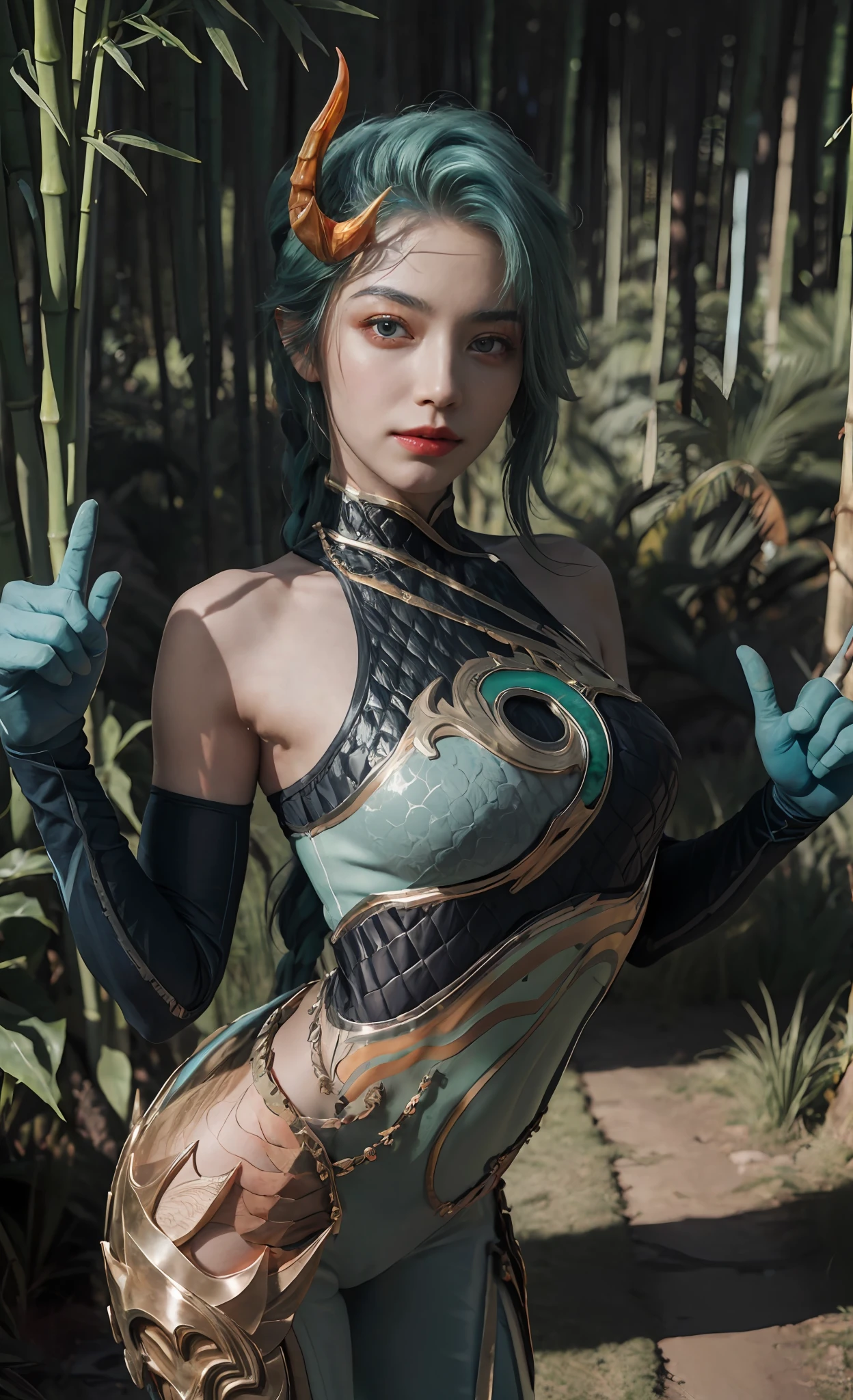 (The tall girl puts her hand in front of her and points to the side), combat pose, BREAK, (Dark background, Bamboo forest), (Slender_thights:1.3), ((big breastes)), Slender_thights, aqua hair, 1girl, 独奏, (Miniature body:1.4), generous cleavage, Posing, detailed anatomy, the perfect body, Detailed body, detailized face, Beautiful anatomical eyes. BREAK Kaisa Dragon Lagoon,  The BREAK is very detailed, Intricately detailed art, Artstation's Detailed Triadic Color Trend in Unreal Engine 5, 8K resolution, deviantart masterpiece.