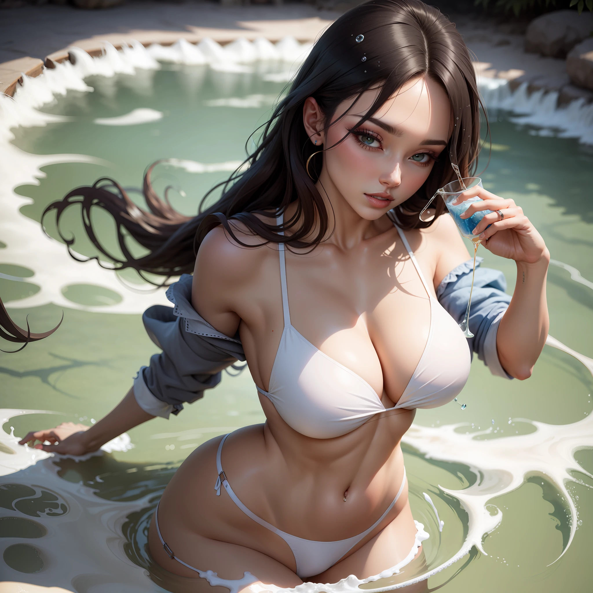 Beautiful woman drinking white thick liquid flowing all over her body
