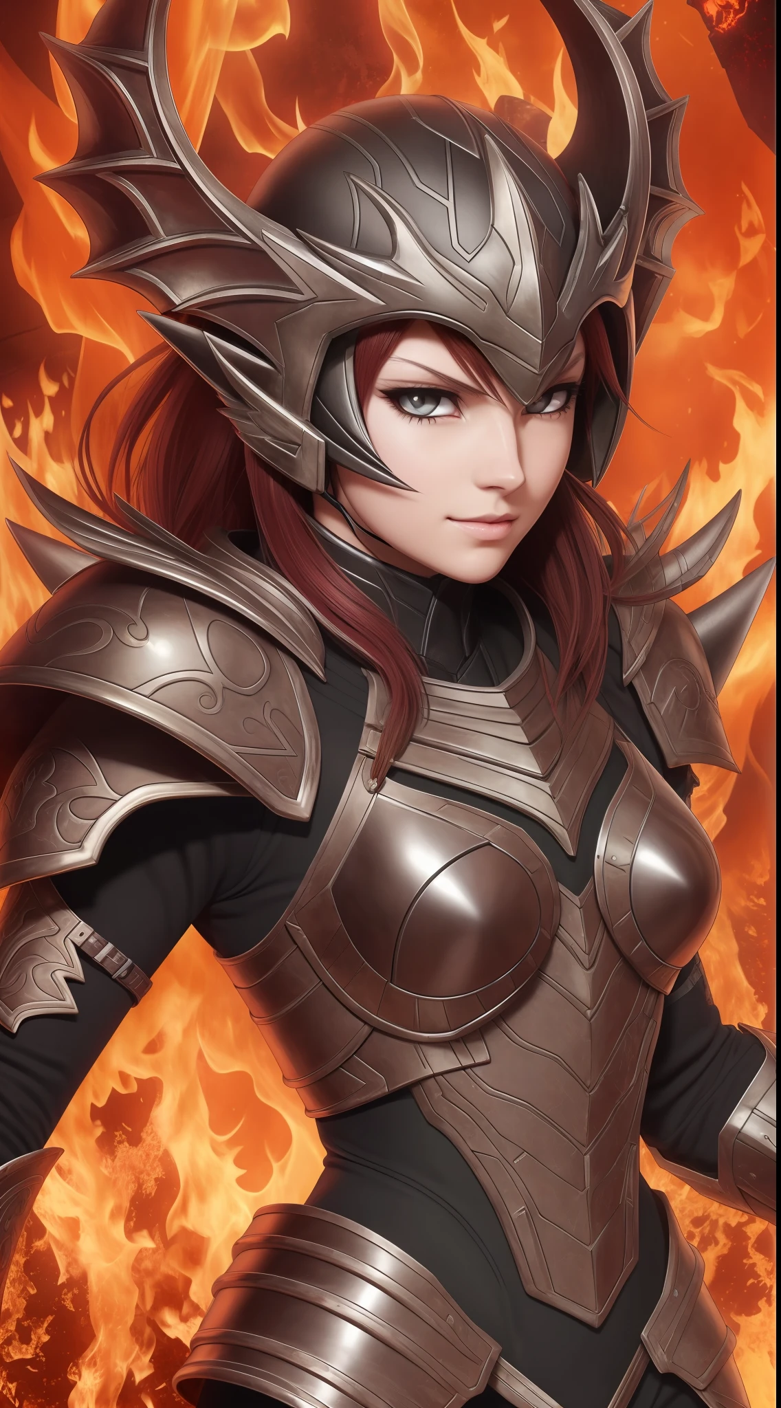 (ember), in iron black armor with fiery patterns, (fine details), engraving, Helmet in the form of a dragon, red-eyes, Large black wings glow with fiery light, Полнометражный 4K, higly detailed, Anime style