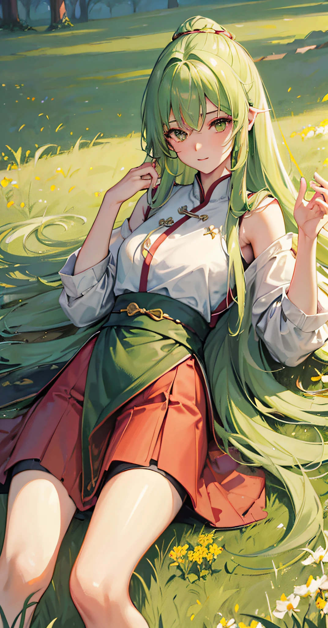In the evening, A fantasy style girl lying on the grass,A green wheat field,Backrest on the wolf's body, with extremely beautiful facial features, long hair, elegant hair, Red Hanfu, layered skirt, dynamic posture, Looking into the distance, perfect composition, stream, starlight, firefly, white flowers, look down at,Ning Shen,