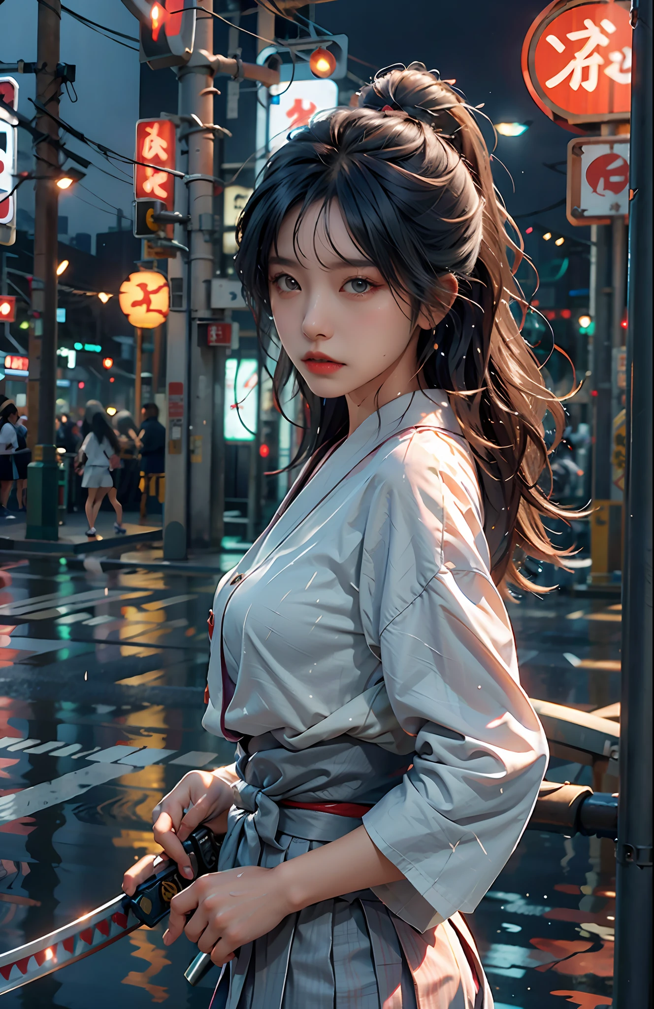 (Masterpiece, Best quality, CG:1.2), Breathtaking schoolgirls, (Long silver hair:1.1), piercing blue eyes, (Samurai school uniform:1.2), Crimson Obi, (Sparkling silver katana:1.3), heavy rain poured, Wet streets of Tokyo, (sparkling reflections:1.2), Blurry city lights, towering skyscrapers, (Futuristic neon signboard:1.1), Misty atmosphere, (Dragon umbrella:1.2), Fierce expression, Dynamic stance, Middle pendulum, Splashing water, Intense action, Moody palette, epic battle scene, Movie Angle, view the viewer.