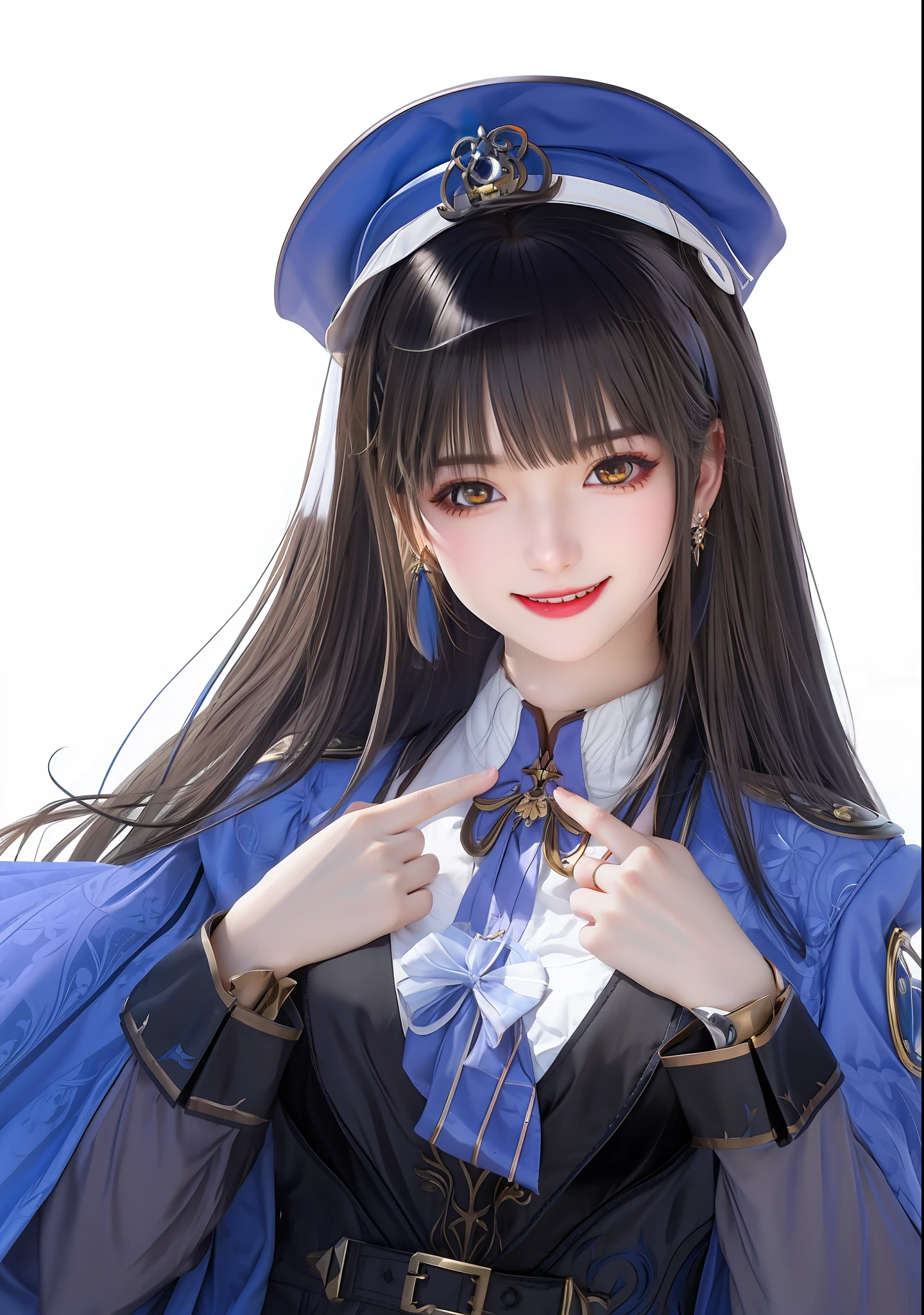 brunette color hair,bucket-hat,yellow-eyed,Royal Sister,Ruddy mouth,ssmile,The mouth is slightly open,offcial art,Unity 8k壁纸,ultra - detailed,Aesthetics,tmasterpiece,best qualtiy,realisticlying